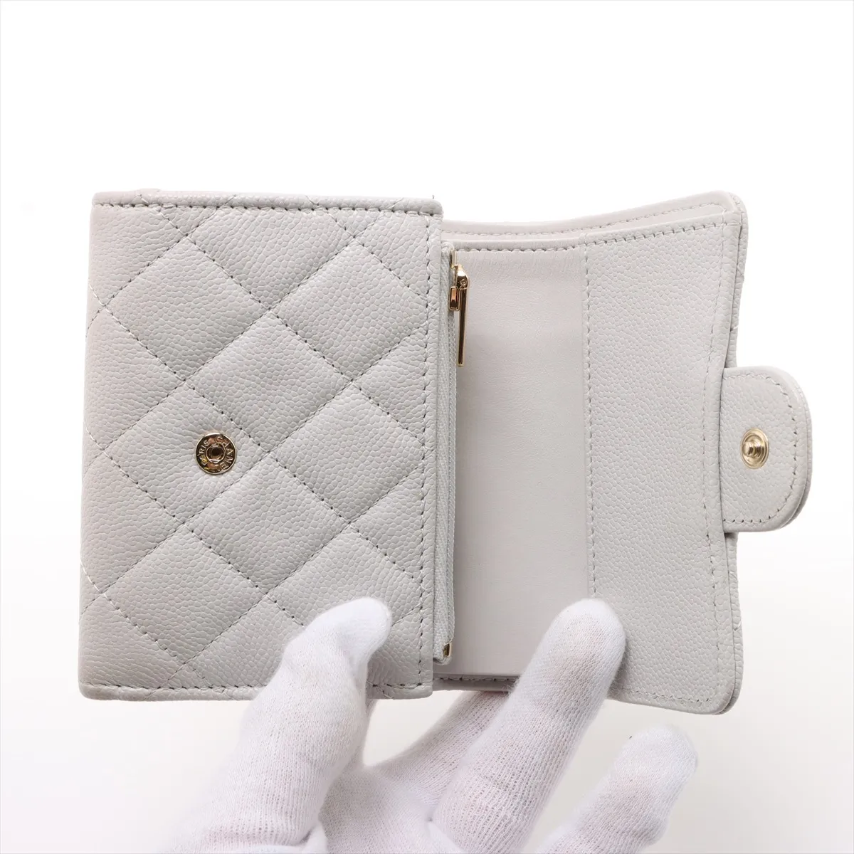 Matelassé Caviar Skin Compact Wallet, Gray with Gold Hardware, PXT3622A — view 3