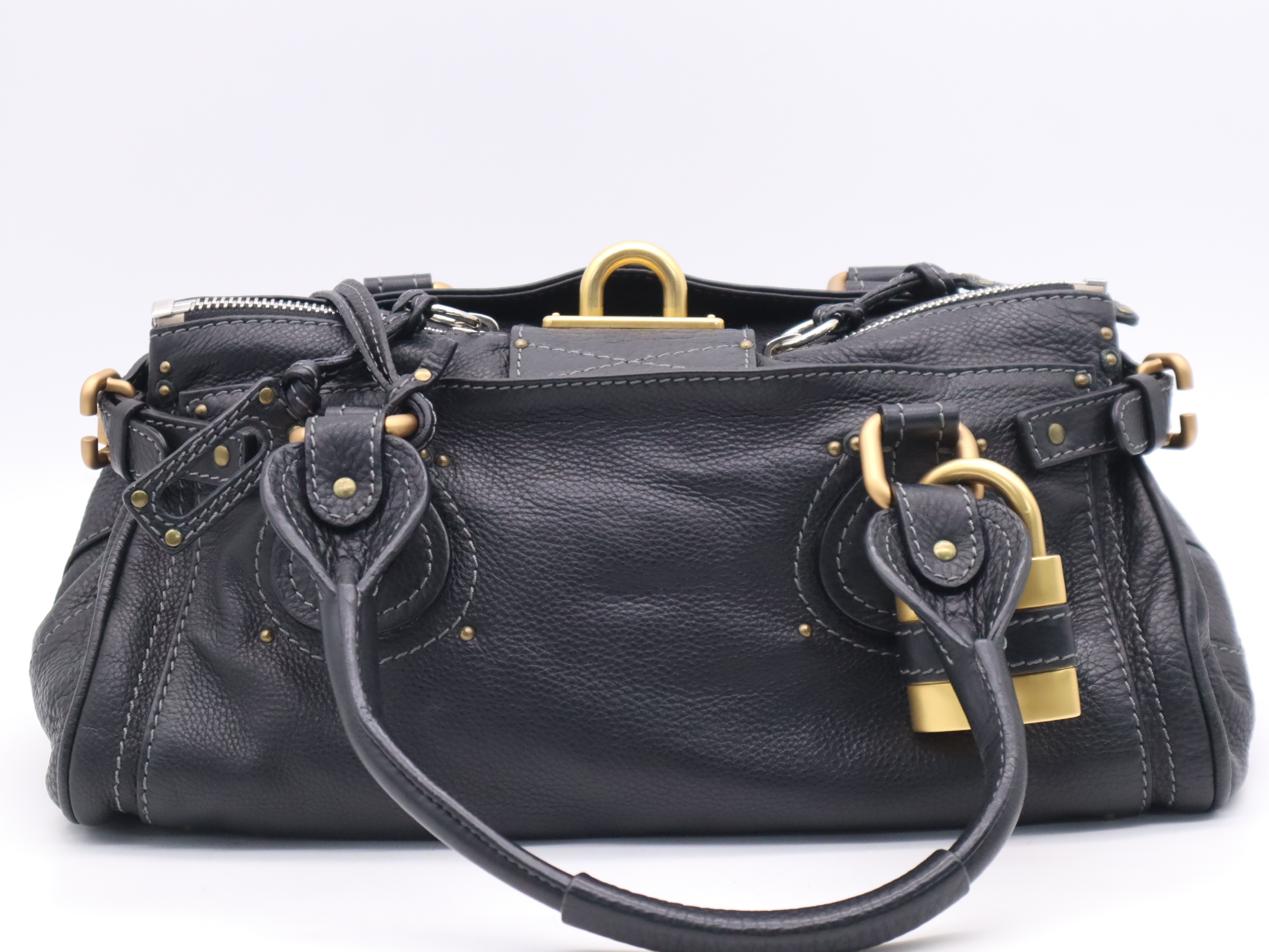 Leather Paddington Handbag with Padlock and Key, Black, Gold Hardware — view 2