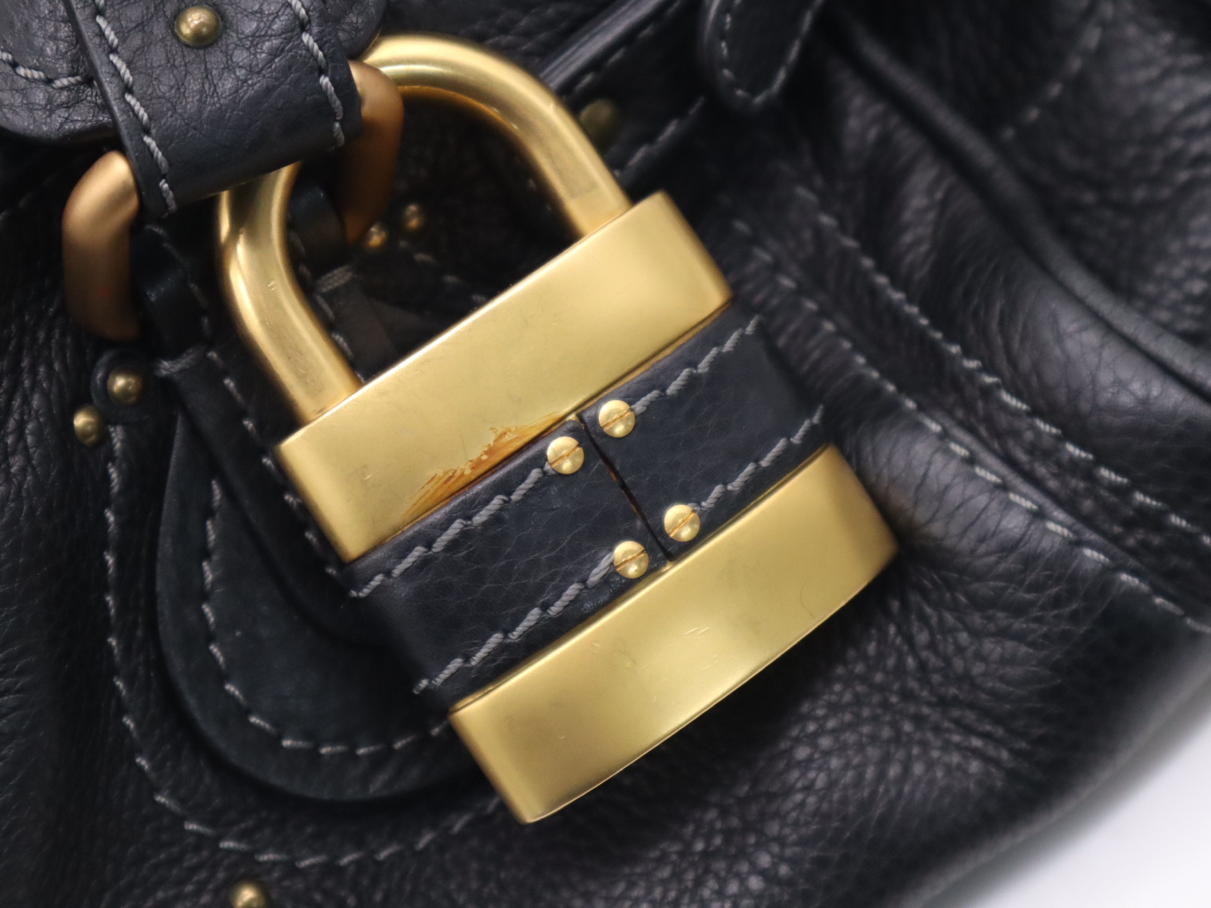 Leather Paddington Handbag with Padlock and Key, Black, Gold Hardware — view 13