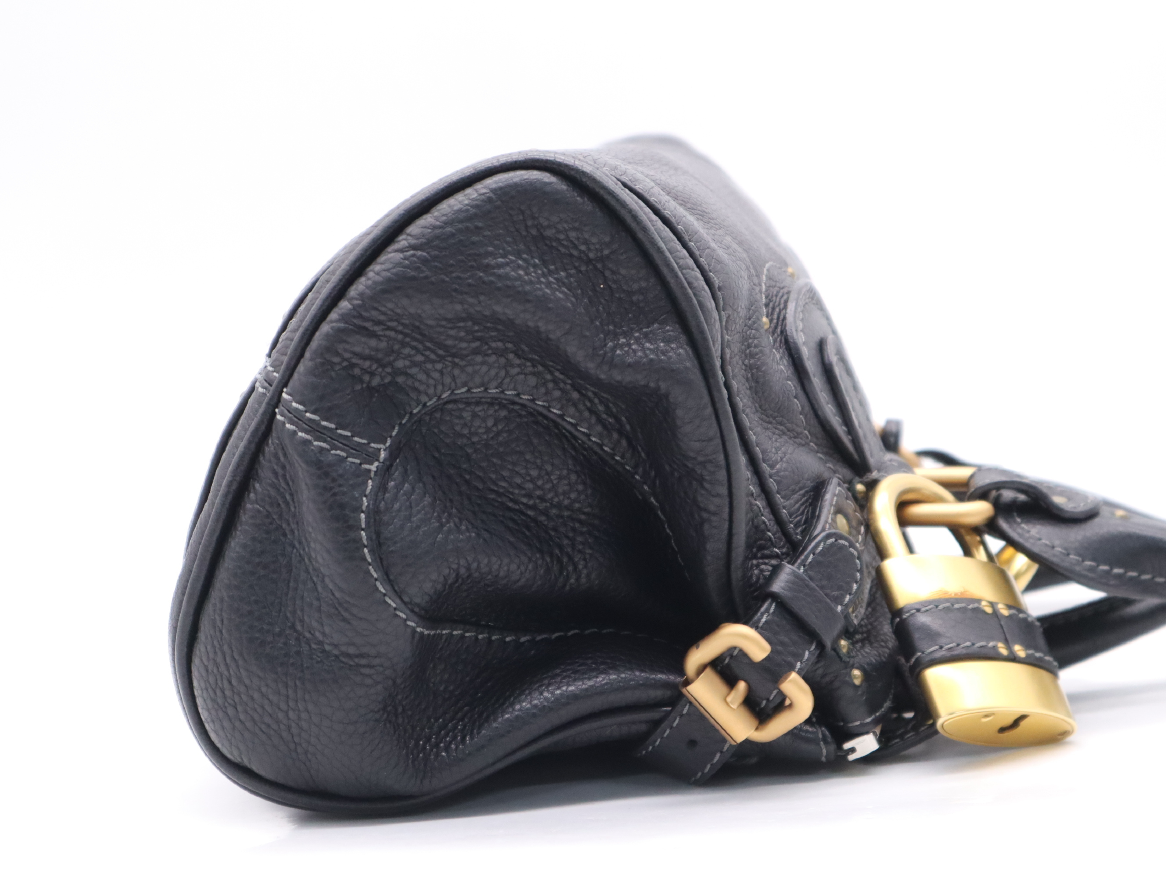 Leather Paddington Handbag with Padlock and Key, Black, Gold Hardware — view 5
