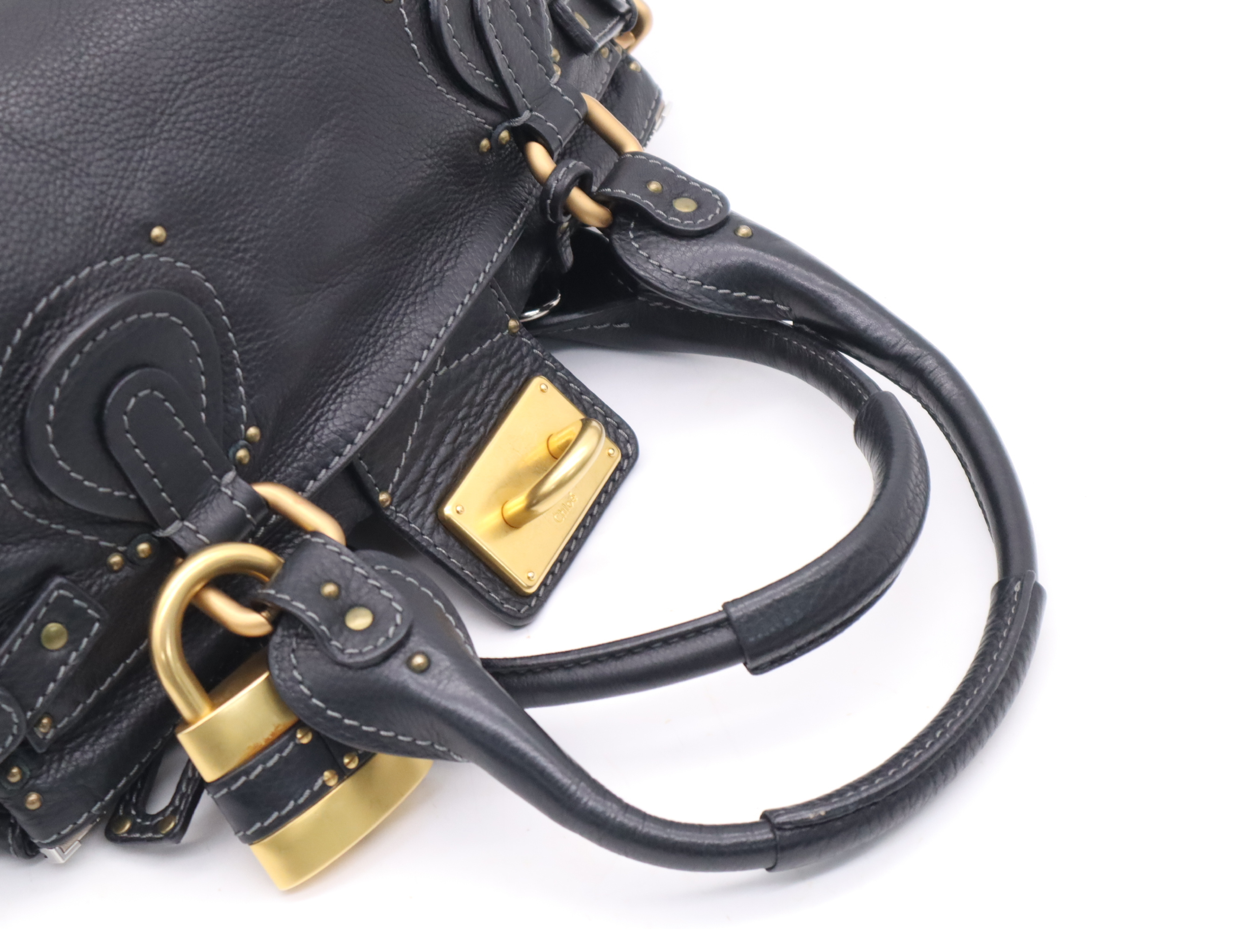 Leather Paddington Handbag with Padlock and Key, Black, Gold Hardware — view 6
