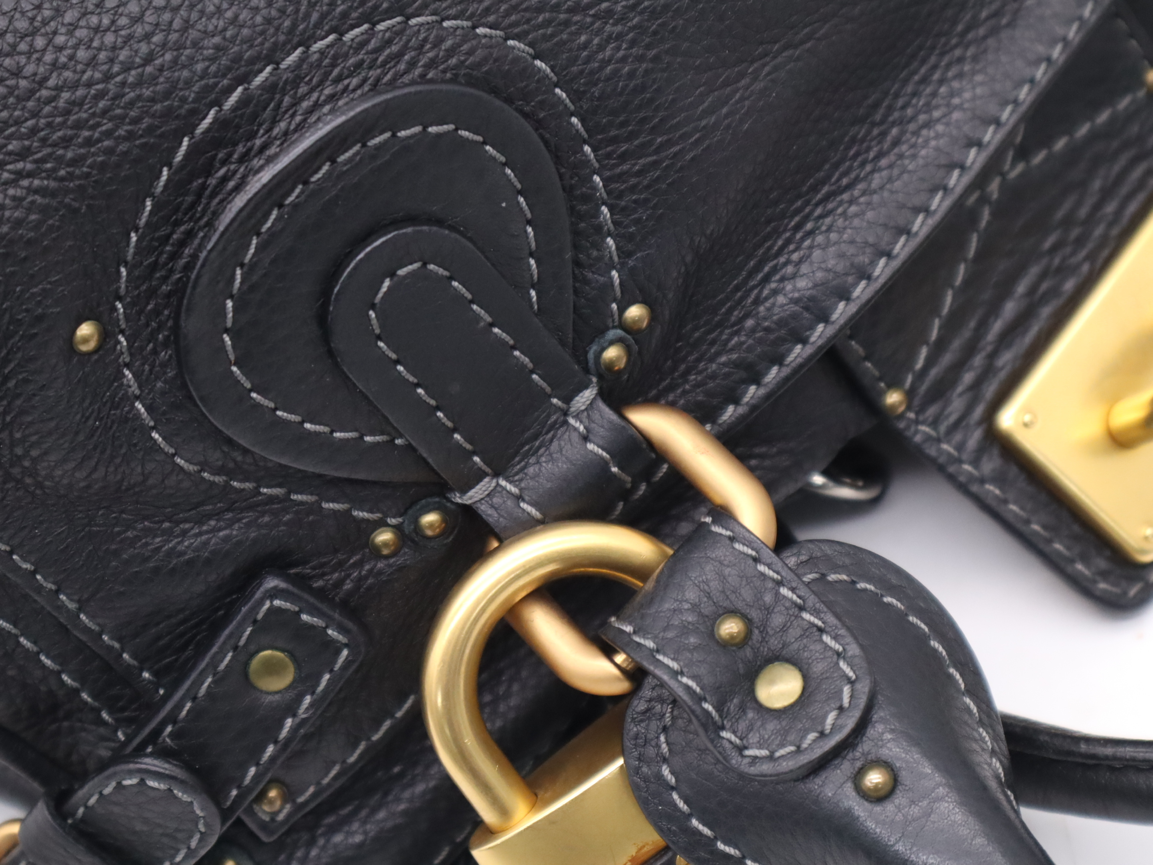 Leather Paddington Handbag with Padlock and Key, Black, Gold Hardware — view 7
