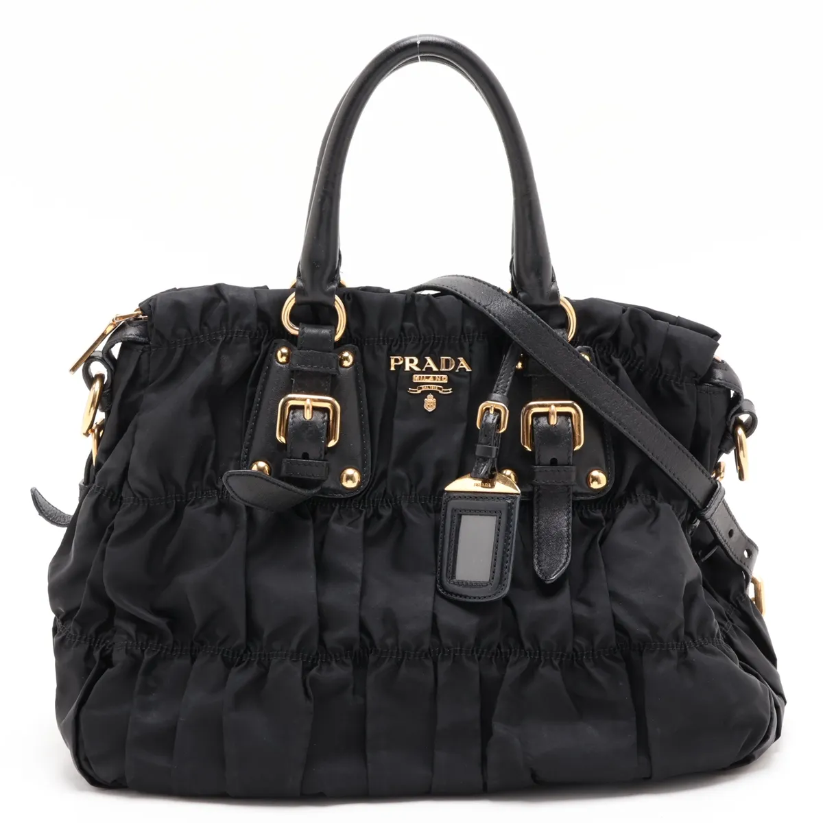 Gathered Nylon x Leather 2-Way Handbag, Black
