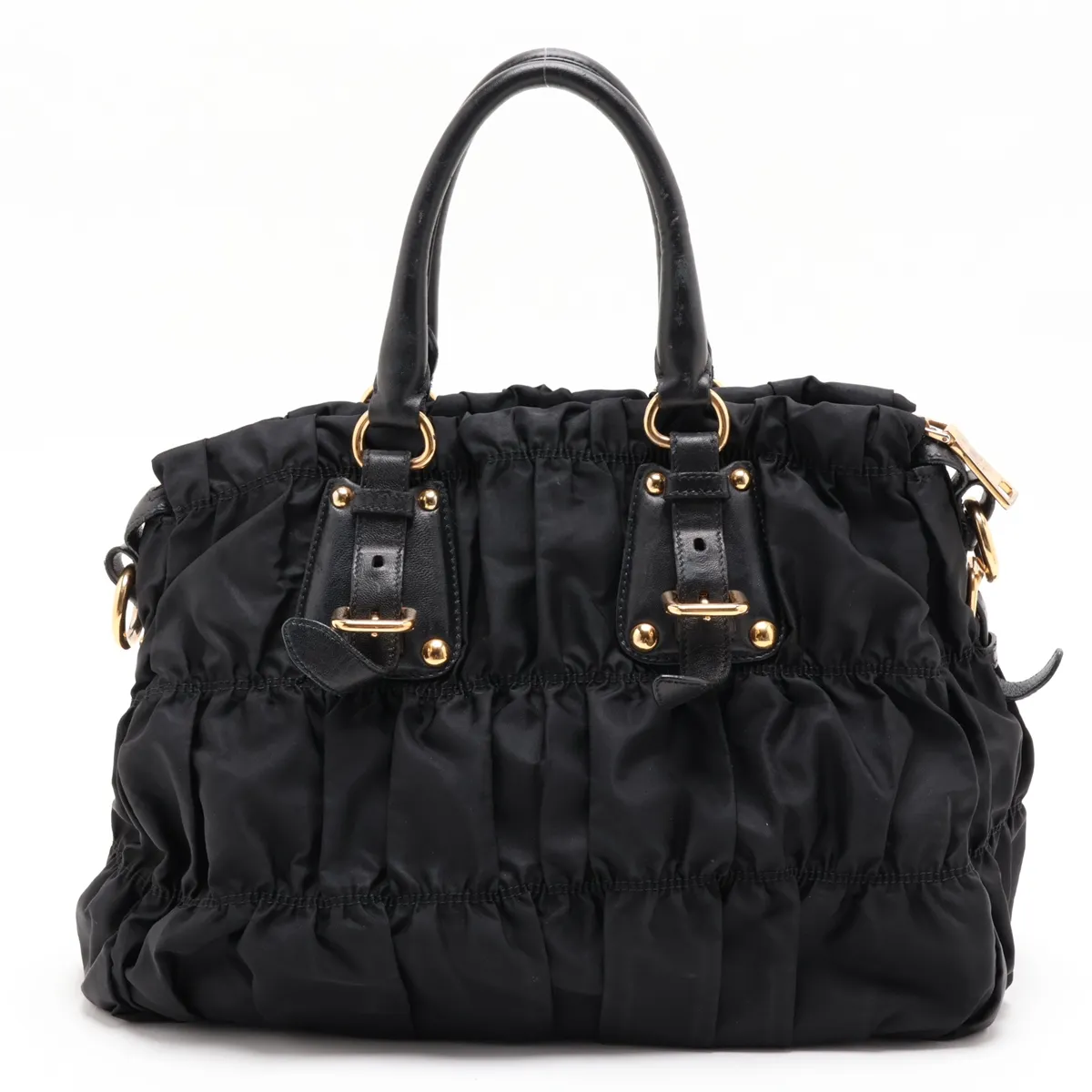 Gathered Nylon x Leather 2-Way Handbag, Black — view 2