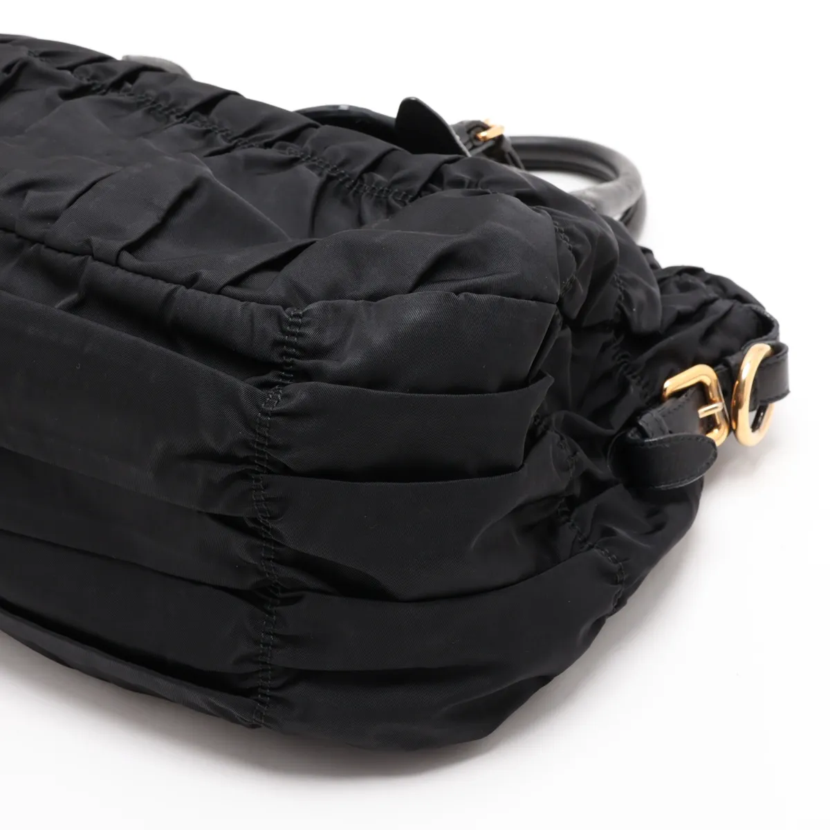 Gathered Nylon x Leather 2-Way Handbag, Black — view 3
