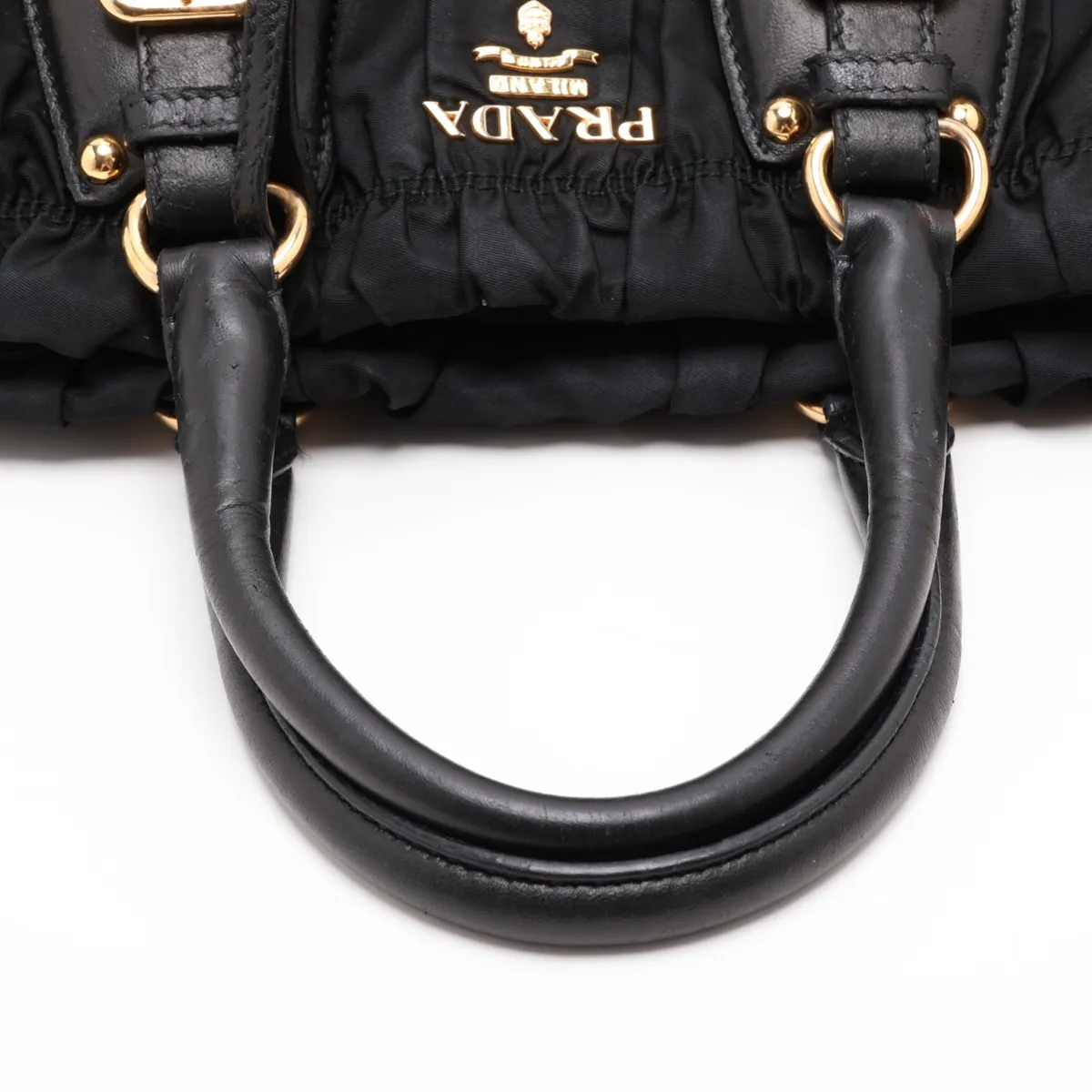 Gathered Nylon x Leather 2-Way Handbag, Black — view 5
