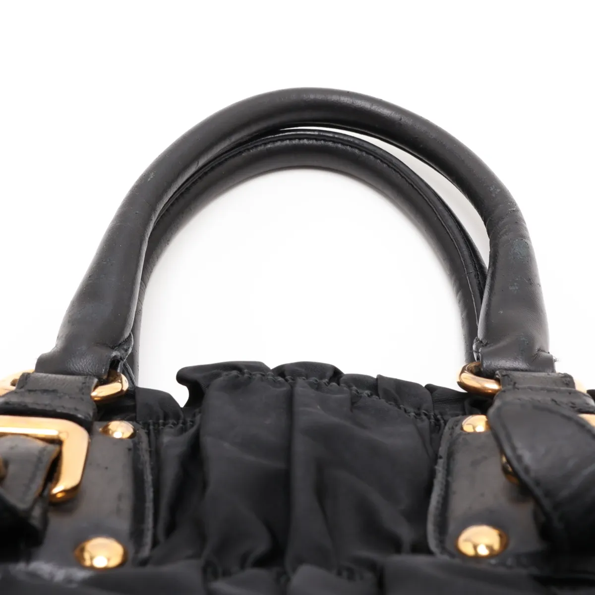 Gathered Nylon x Leather 2-Way Handbag, Black — view 6