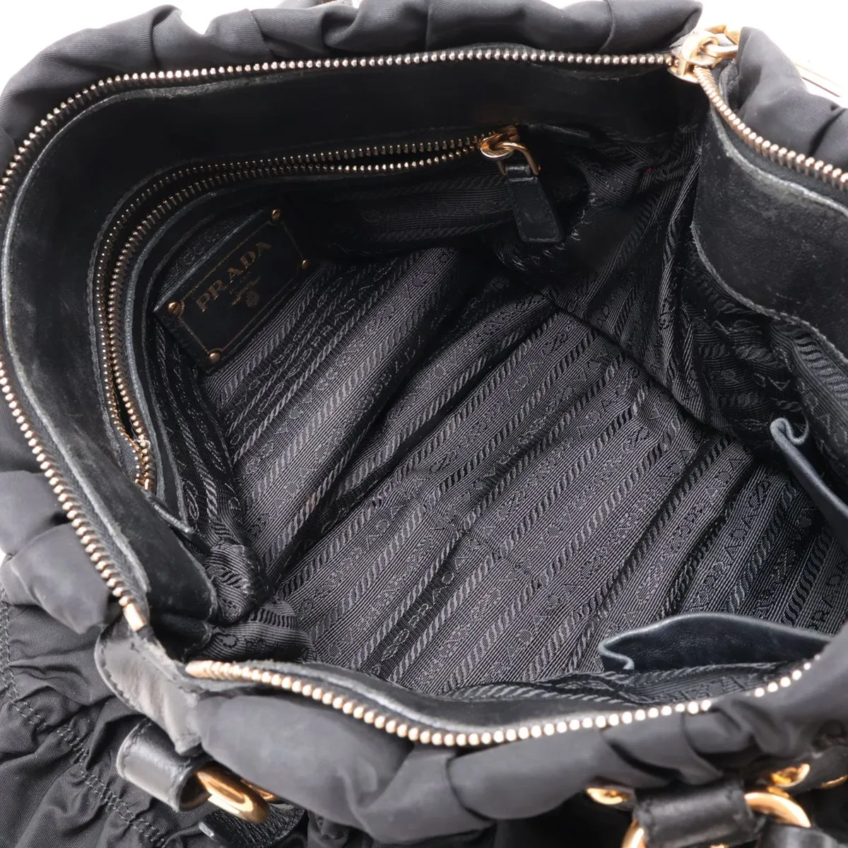 Gathered Nylon x Leather 2-Way Handbag, Black — view 8