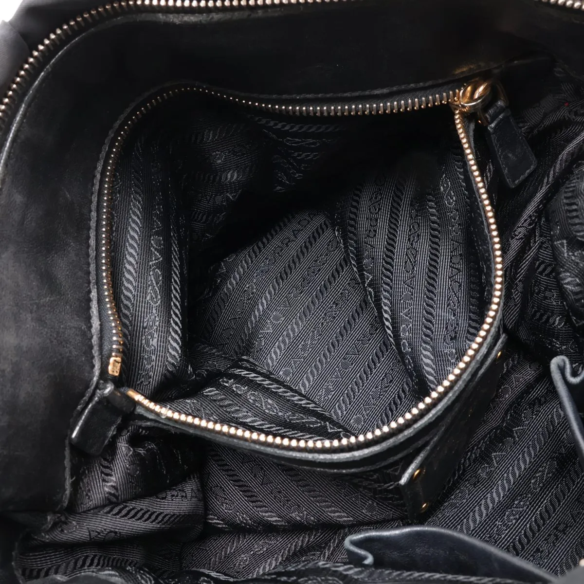 Gathered Nylon x Leather 2-Way Handbag, Black — view 9