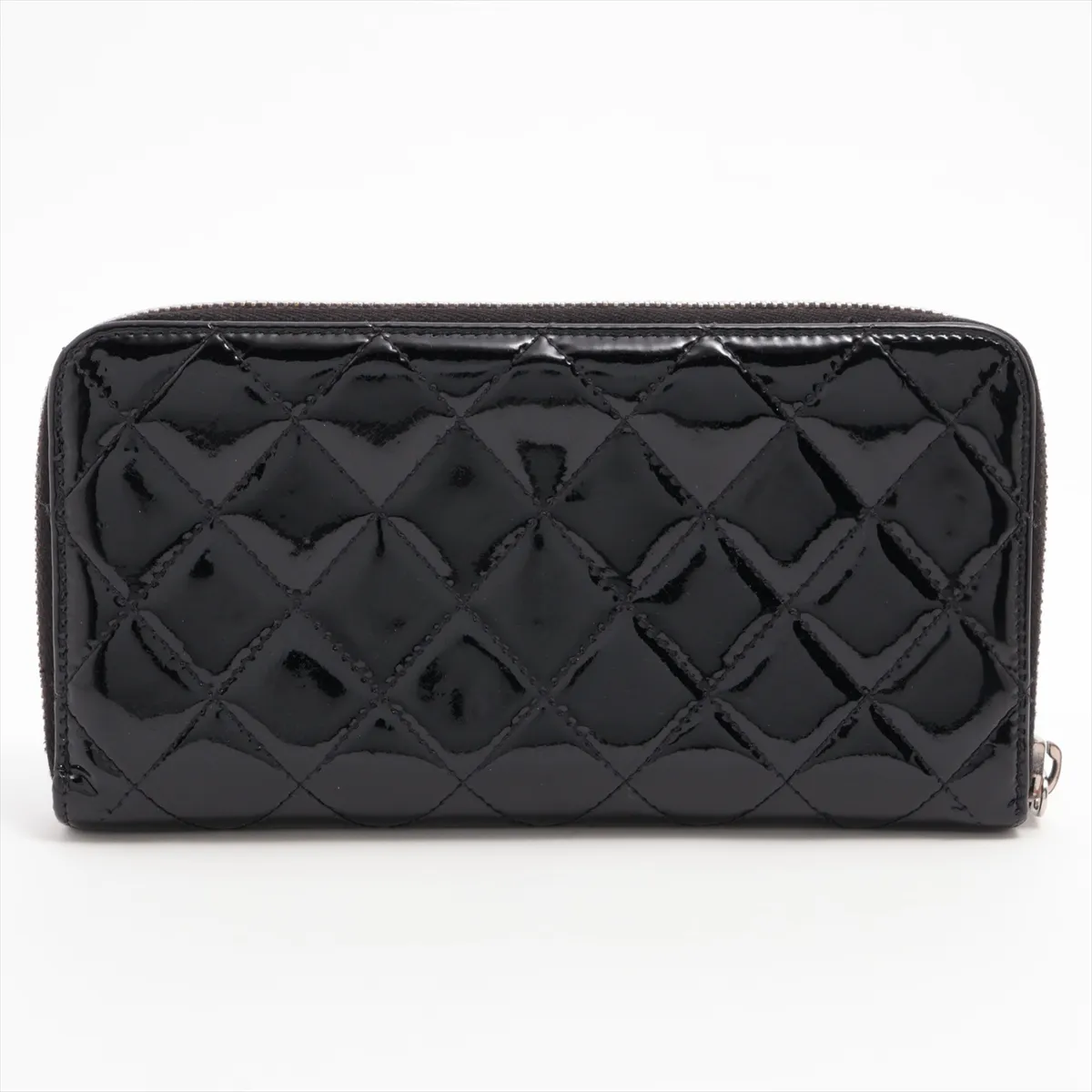 Matelassé Patent Leather Round Zip Wallet, Black, Silver Hardware — view 2
