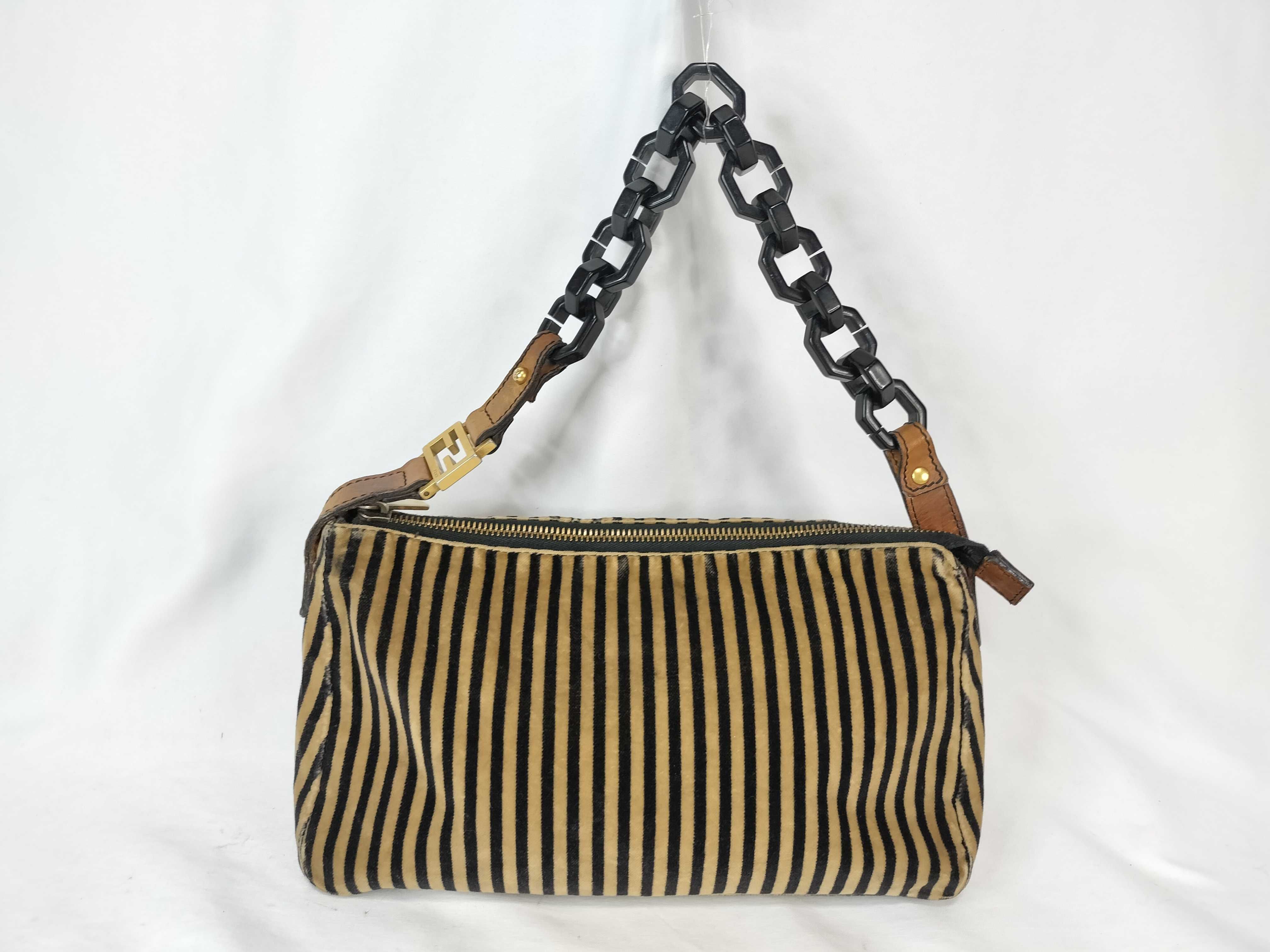 Pequin pattern, Fendi Pequin Archive velour fabric, leather, F-shaped hardware, extra-thick chain, one-shoulder handbag