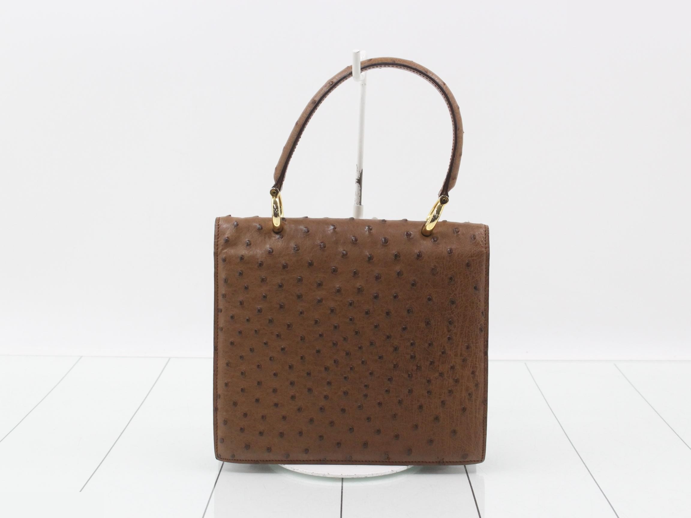 Leather ostrich Gancini handbag, brown, gold hardware, with dust bag. — view 2