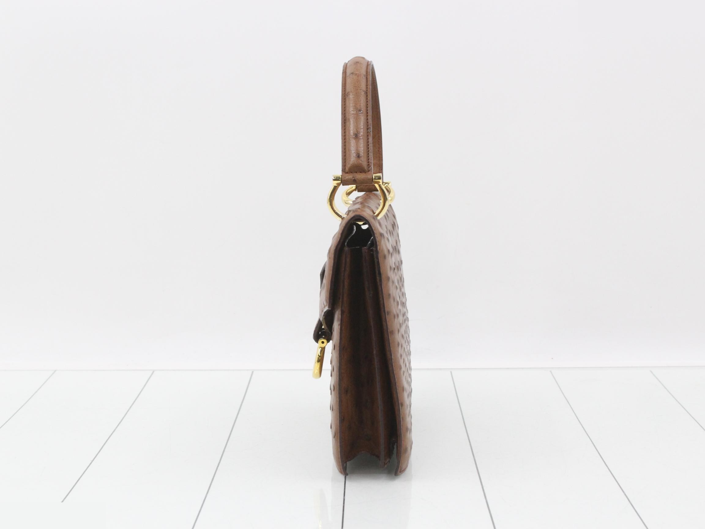 Leather ostrich Gancini handbag, brown, gold hardware, with dust bag. — view 3