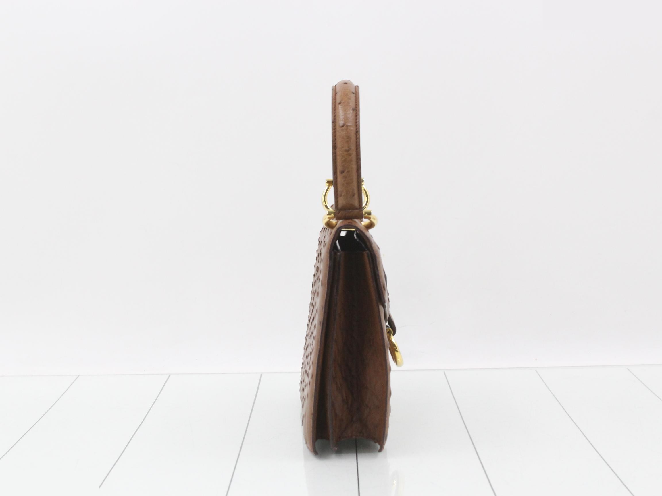 Leather ostrich Gancini handbag, brown, gold hardware, with dust bag. — view 4