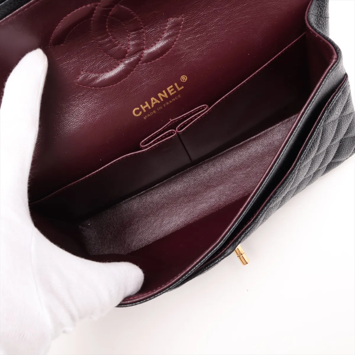[Individually packaged] Chanel Matelassé 25 Caviar Skin Double Flap Double Chain Bag, Black with Gold Hardware, 21458428, Serial Number 21, A01112 — view 7