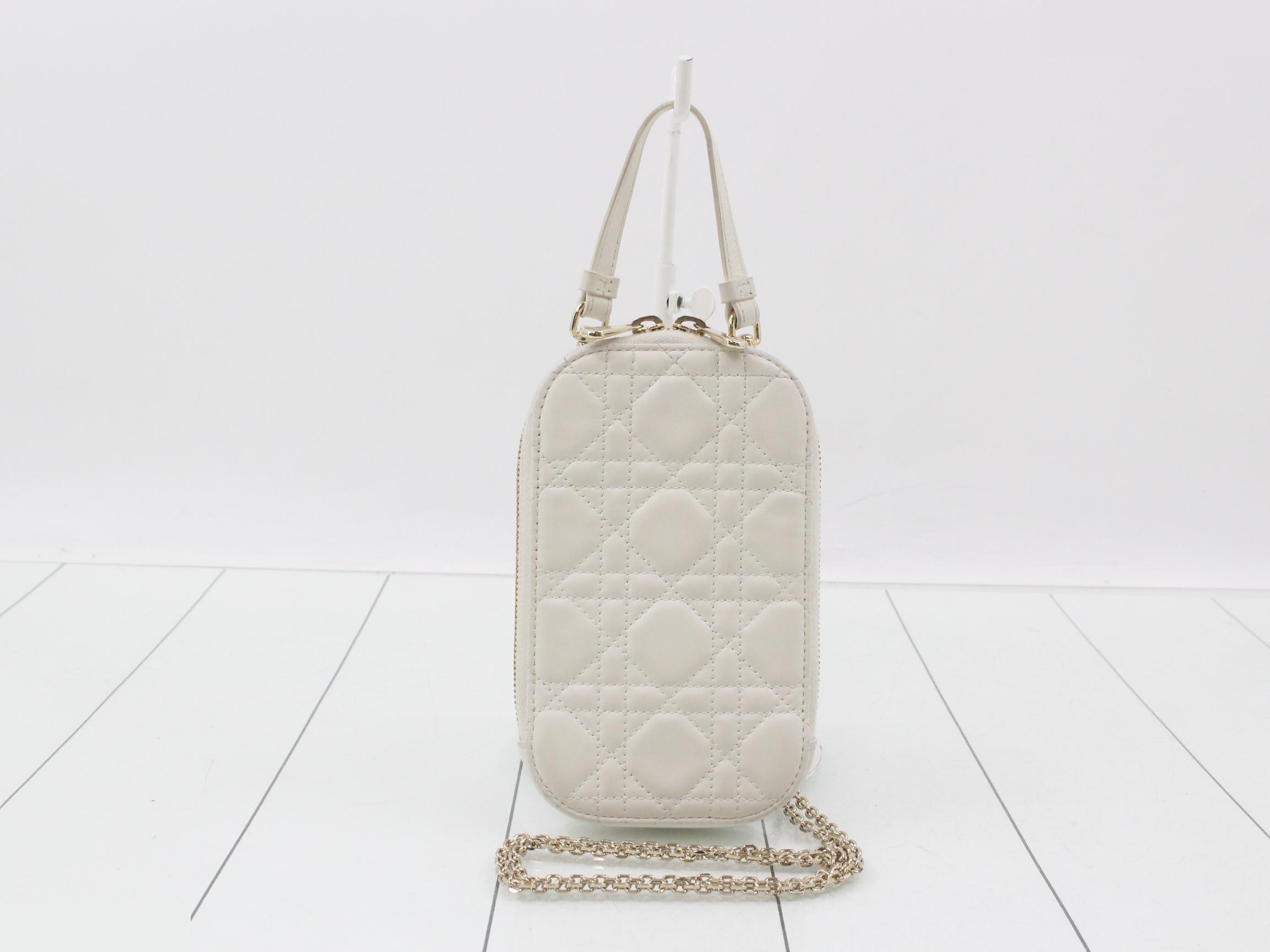Lady Dior Canage Lamb Phone Holder/Shoulder Bag, White