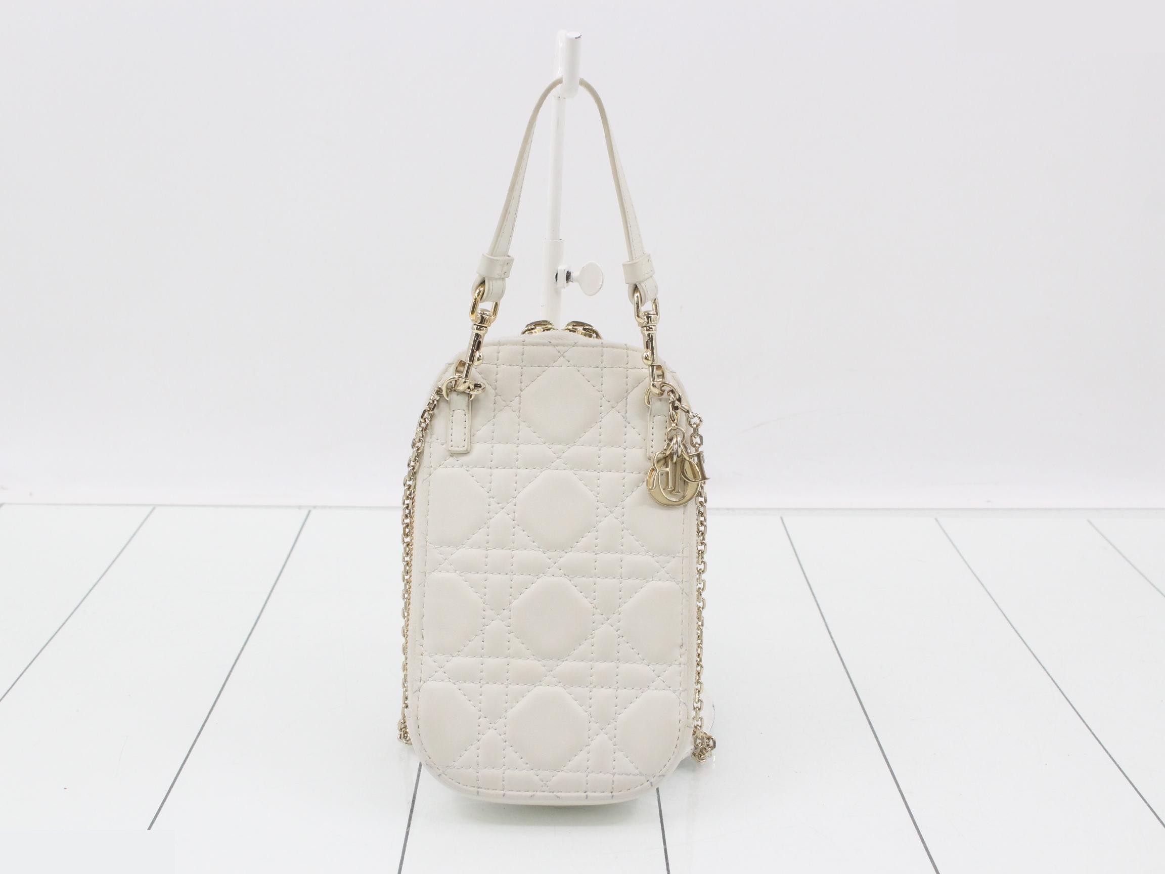 Lady Dior Canage Lamb Phone Holder/Shoulder Bag, White — view 2