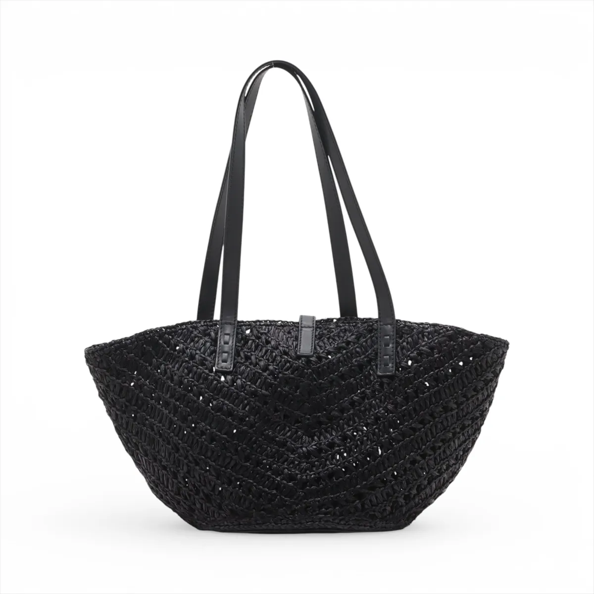 Panier Raffia x Leather Tote Bag, Black — view 2
