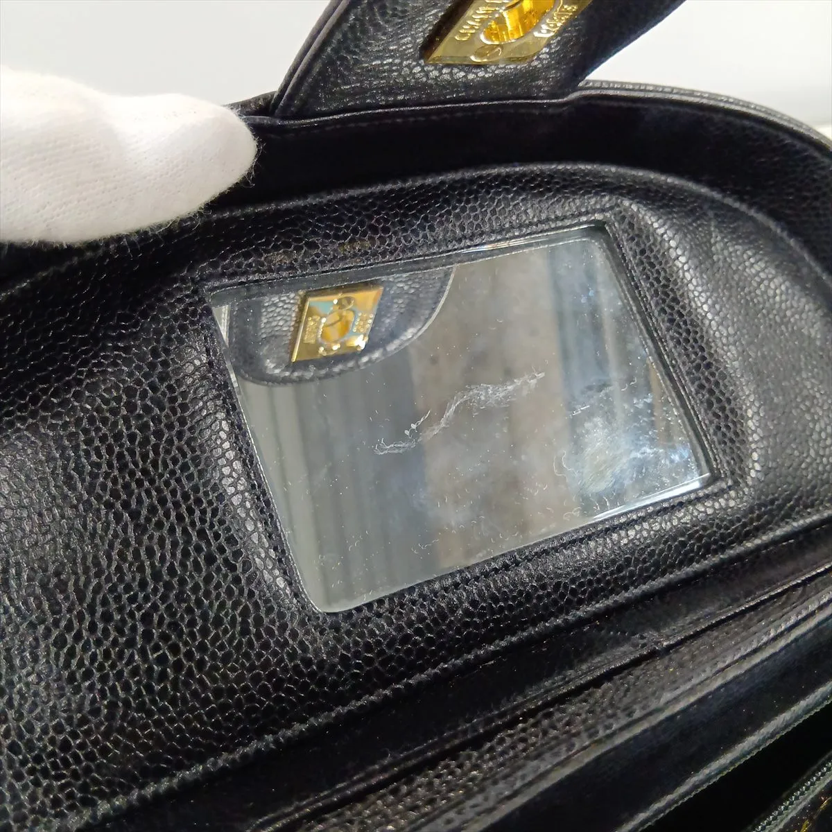 Chevron Caviar Skin Chain Shoulder Bag, V-Stitch Vanity Case, Black with Gold Hardware — view 11