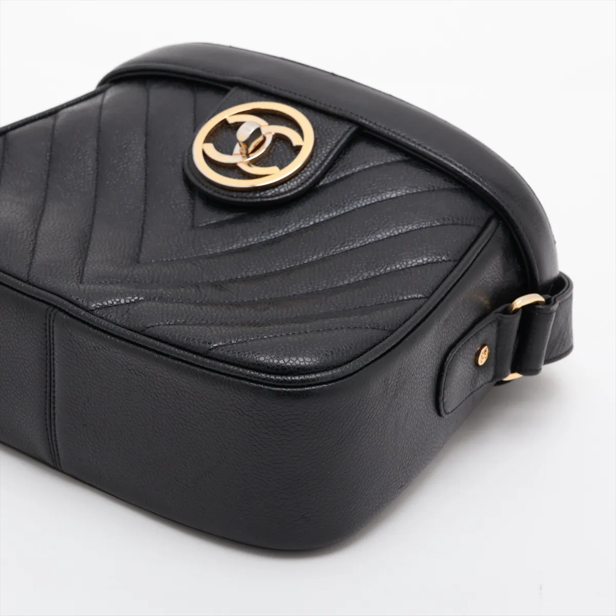 Chevron Caviar Skin Chain Shoulder Bag, V-Stitch Vanity Case, Black with Gold Hardware — view 3