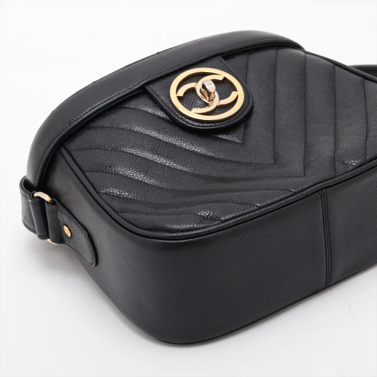 Chevron Caviar Skin Chain Shoulder Bag, V-Stitch Vanity Case, Black with Gold Hardware — view 4