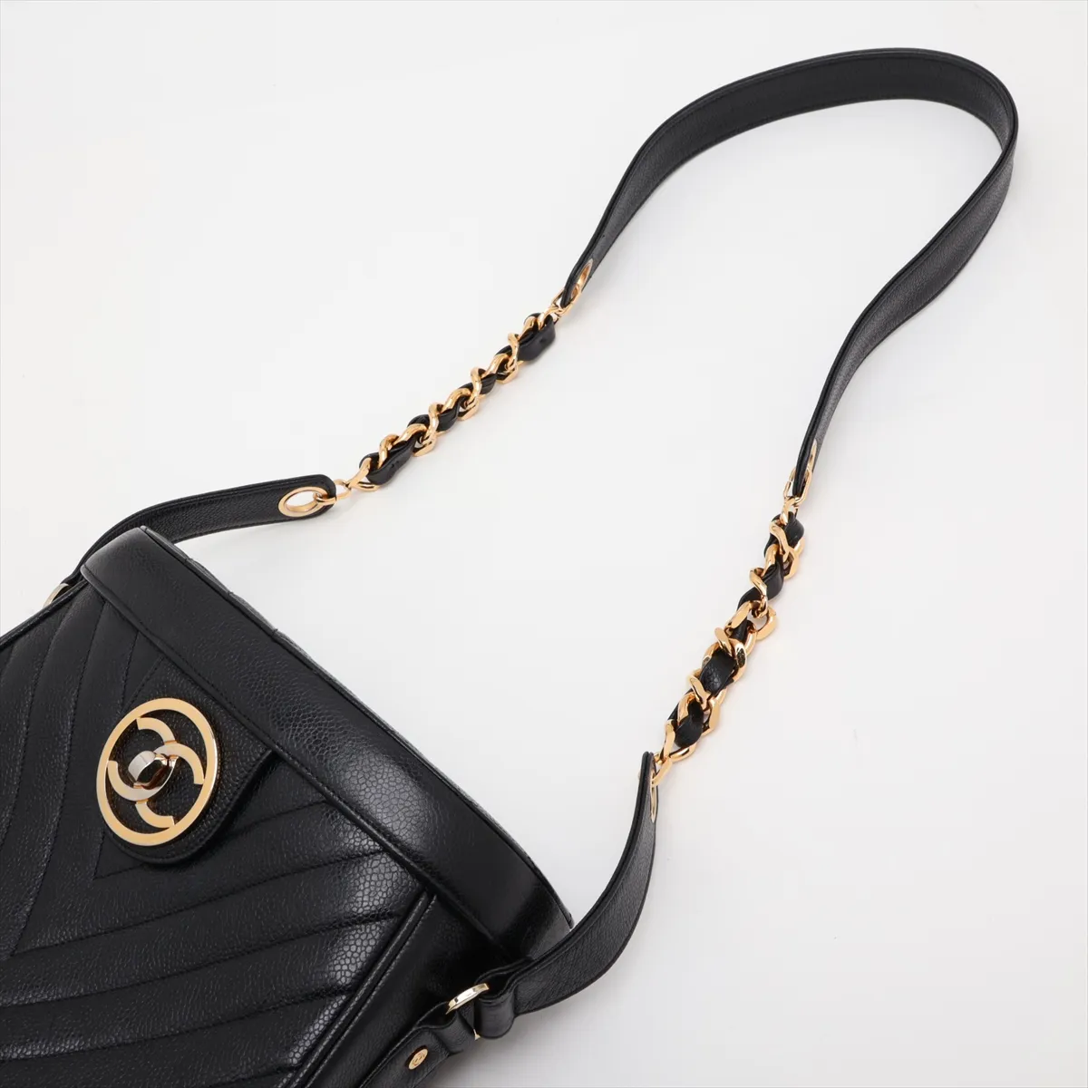 Chevron Caviar Skin Chain Shoulder Bag, V-Stitch Vanity Case, Black with Gold Hardware — view 5