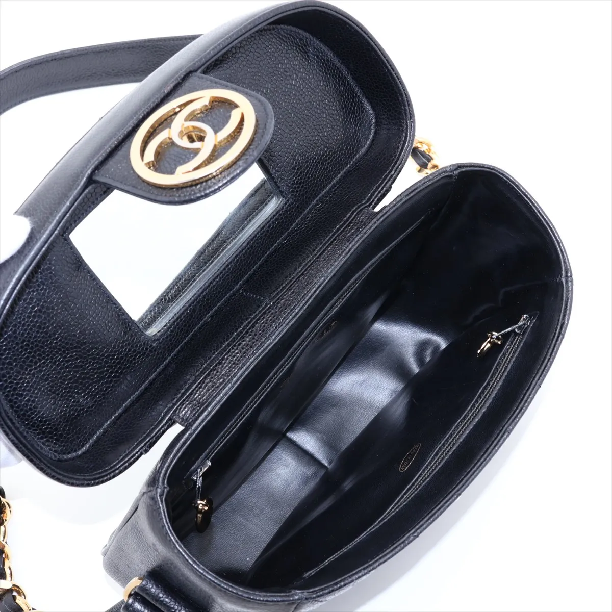 Chevron Caviar Skin Chain Shoulder Bag, V-Stitch Vanity Case, Black with Gold Hardware — view 6