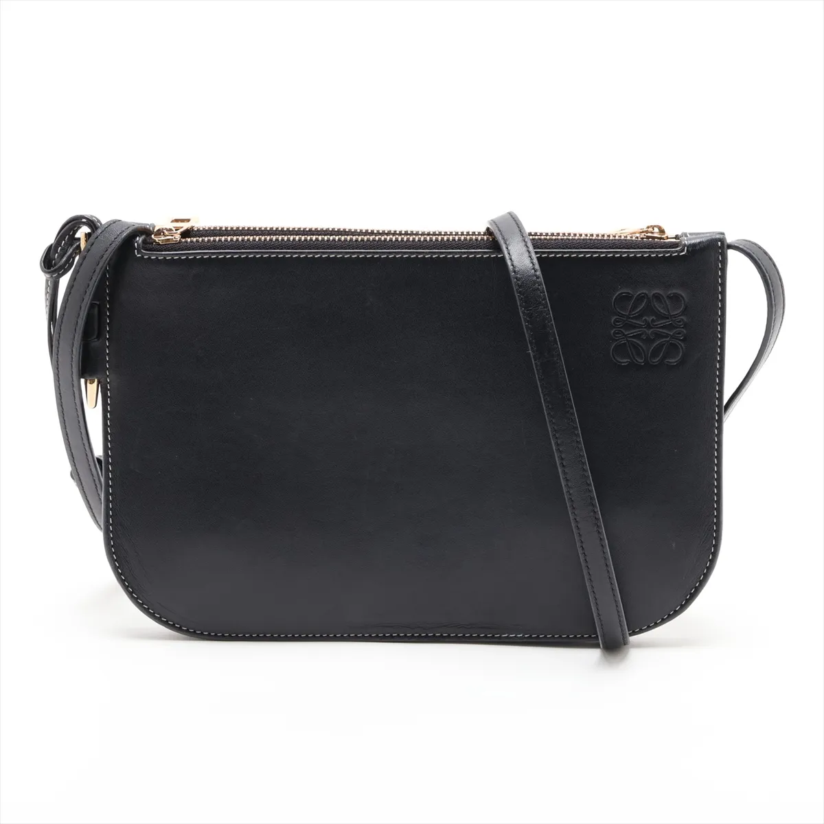 Gate Double Zip Leather Shoulder Bag, Black