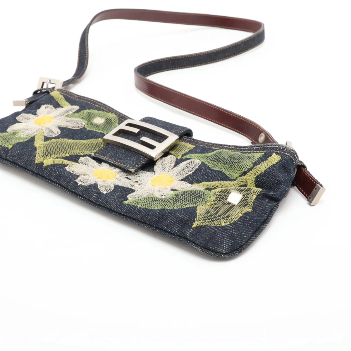 denim and leather shoulder bag, navy — view 3