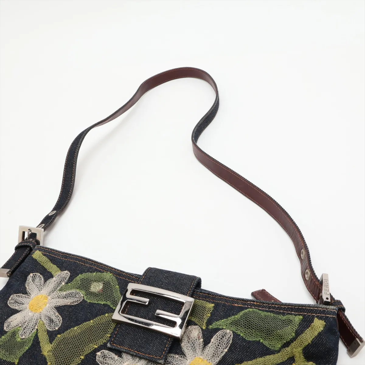 denim and leather shoulder bag, navy — view 5