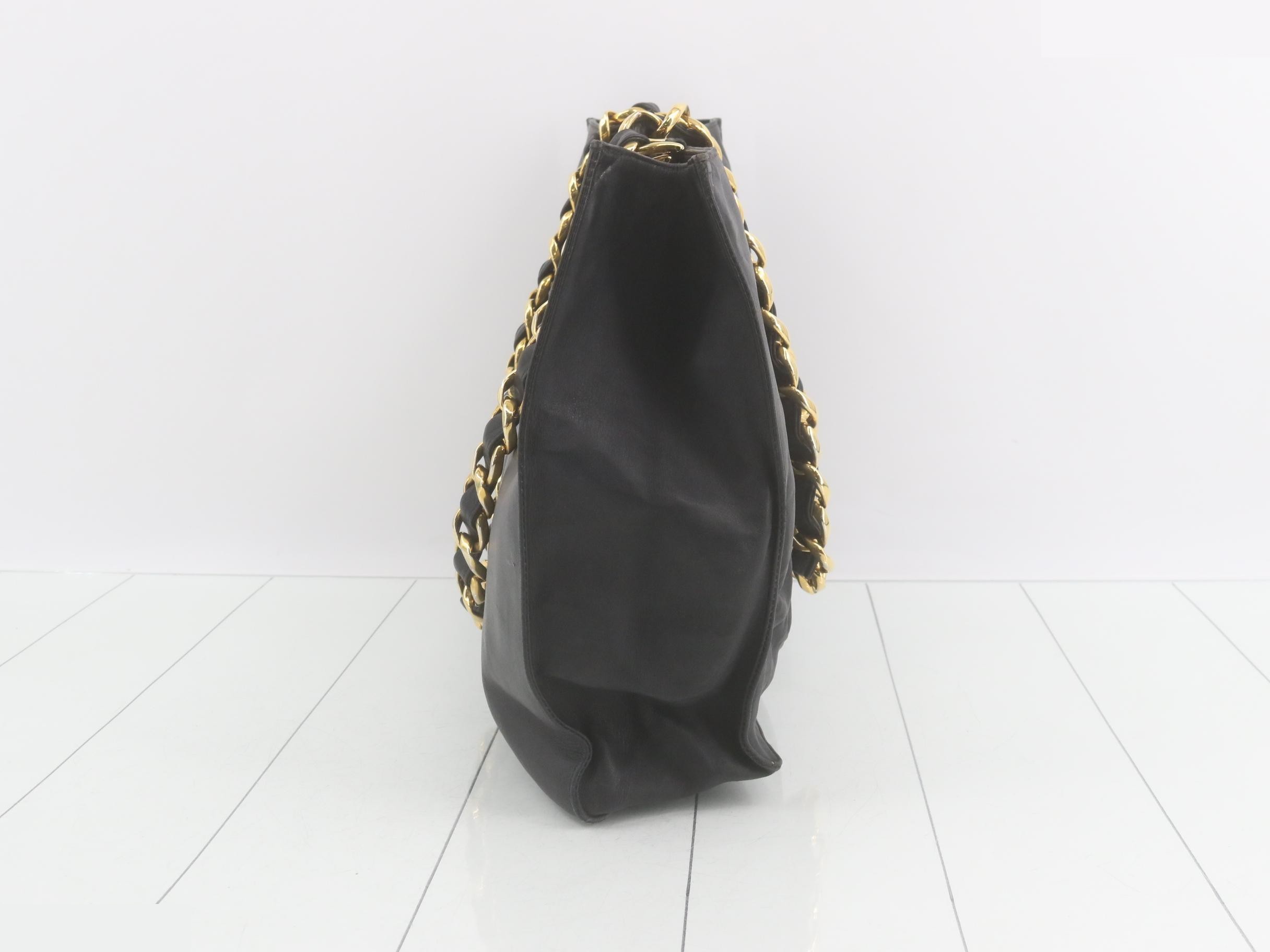 Leather chain tote bag, black, sticker present, serial number unclear. — view 3