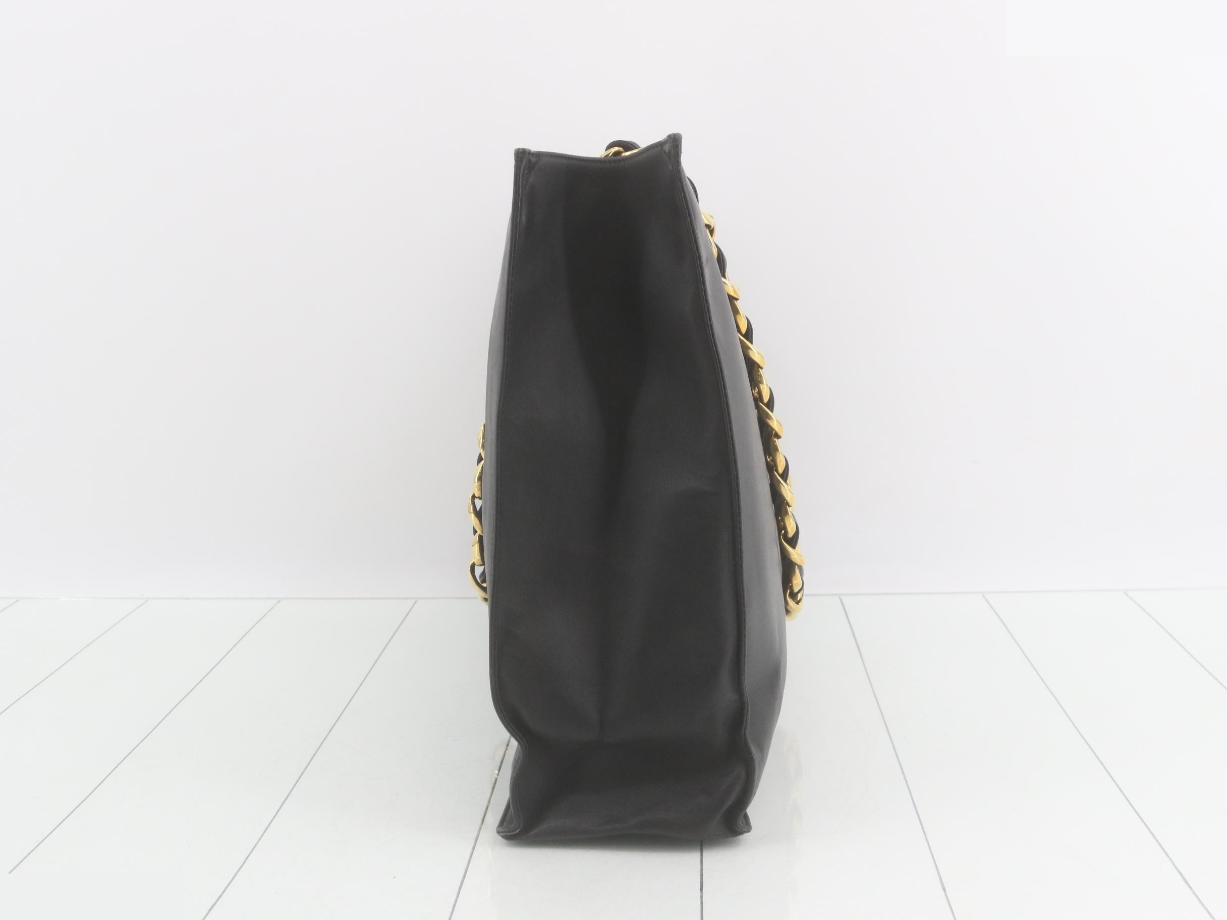 Leather chain tote bag, black, sticker present, serial number unclear. — view 4