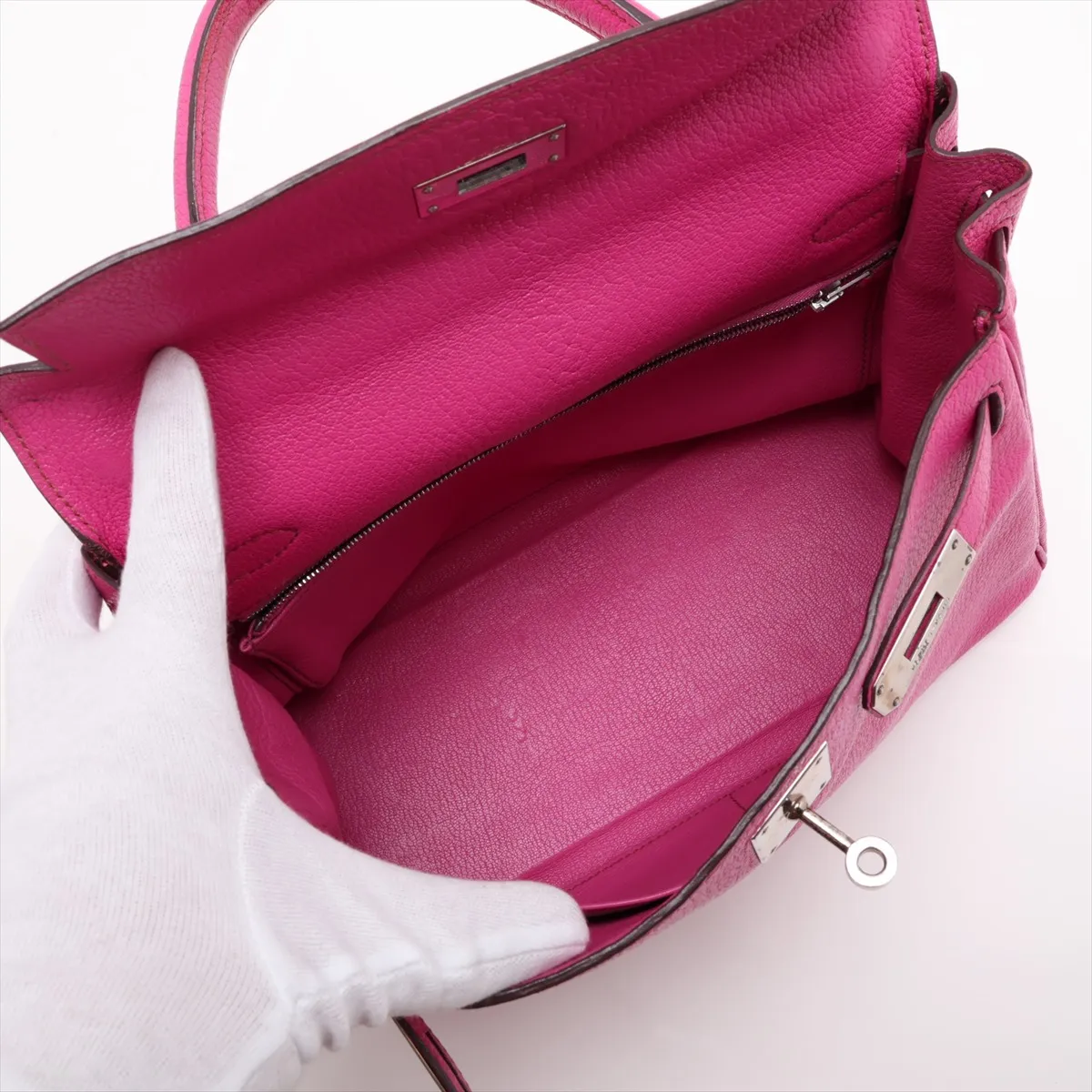 [Individually packaged] Hermes Kelly 28 Retourne Coromandel Fuchsia Pink Silver Hardware I: 2005 Clochette string torn — view 8