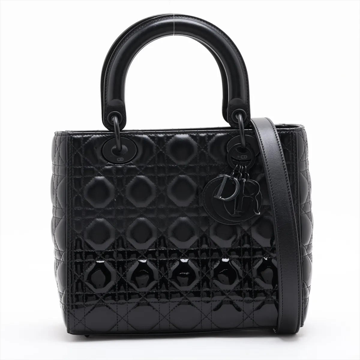 Lady Dior Cannage Leather x Patent Leather 2-Way Handbag, Black