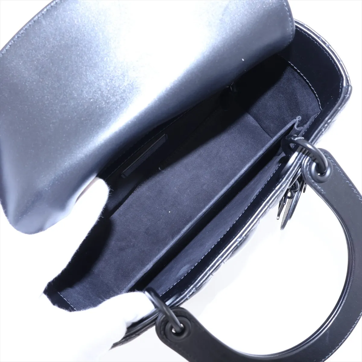 Lady Dior Cannage Leather x Patent Leather 2-Way Handbag, Black — view 8