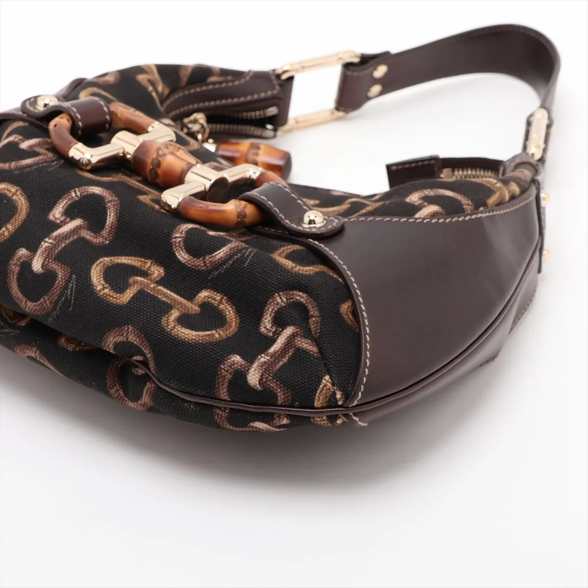 Bamboo Amalfi Canvas x Leather Shoulder Bag, Brown, 154378 — view 3