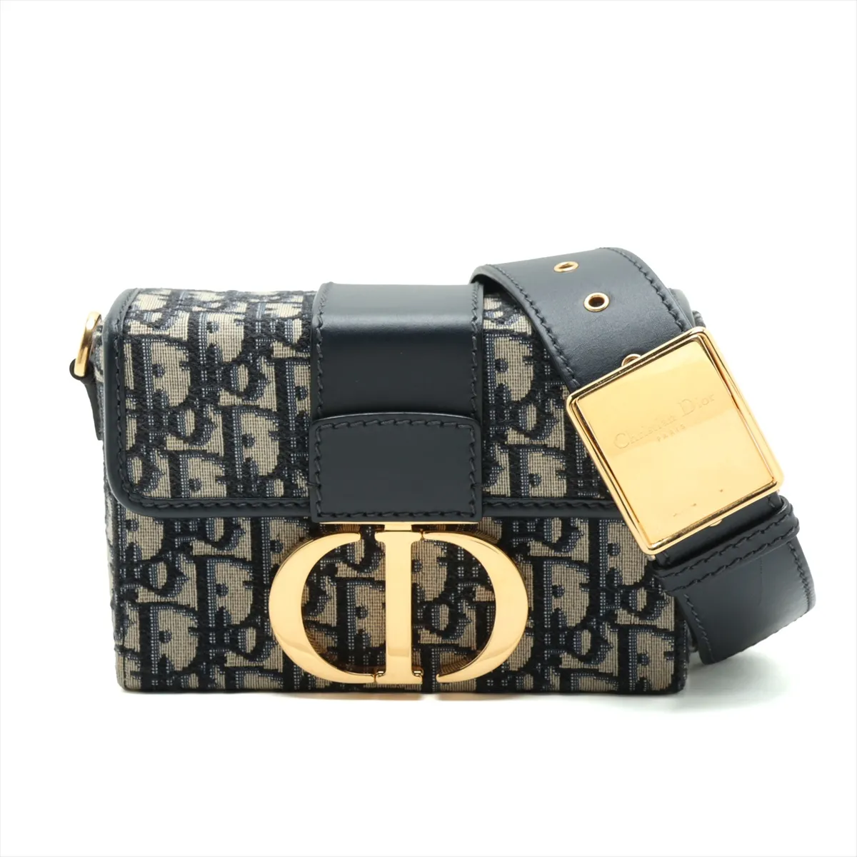 Oblique Montaigne 30 Canvas x Leather Shoulder Bag, Navy