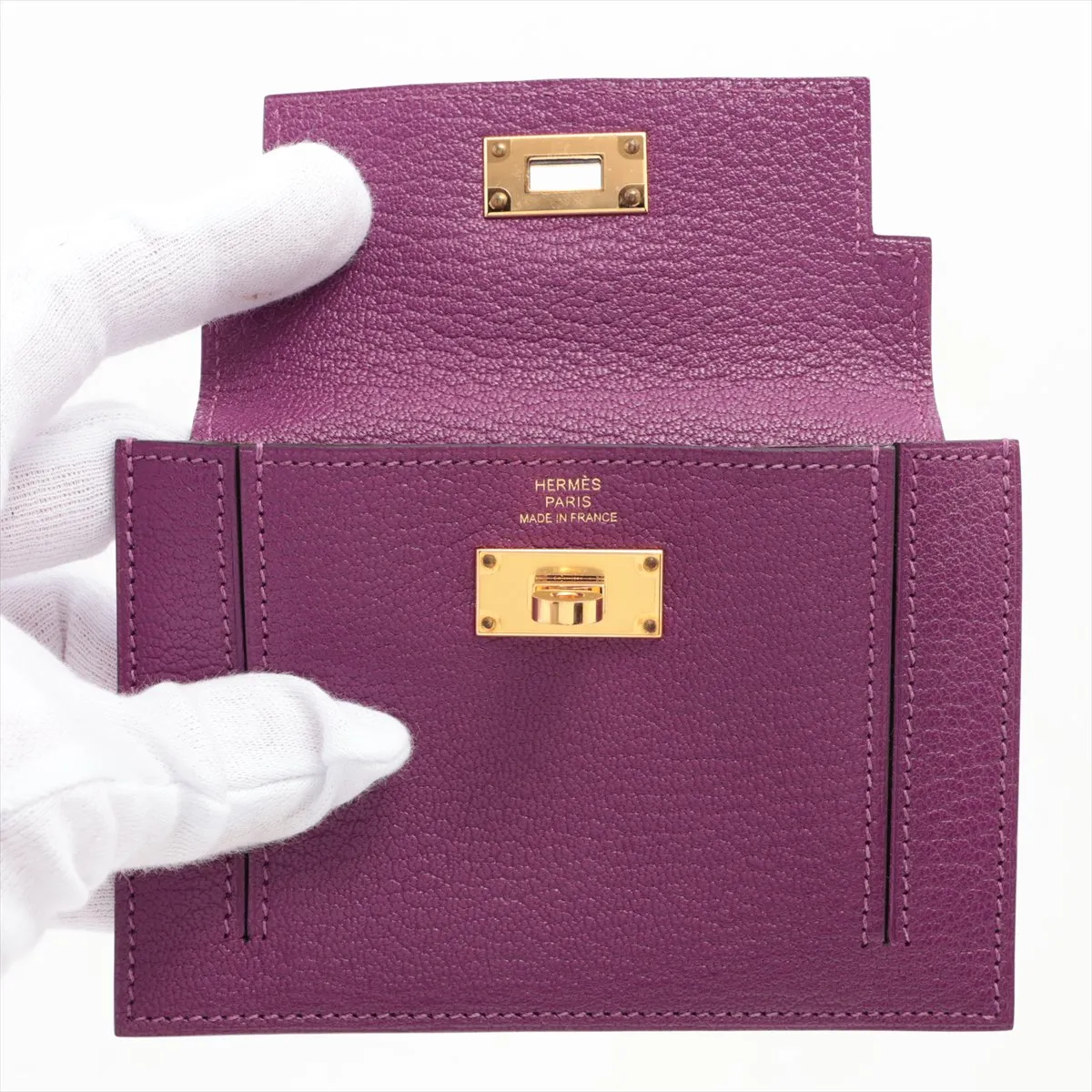 Kelly Pocket Compact Chevre Misor Coin Case Purple Gold Hardware D:2019 — view 3