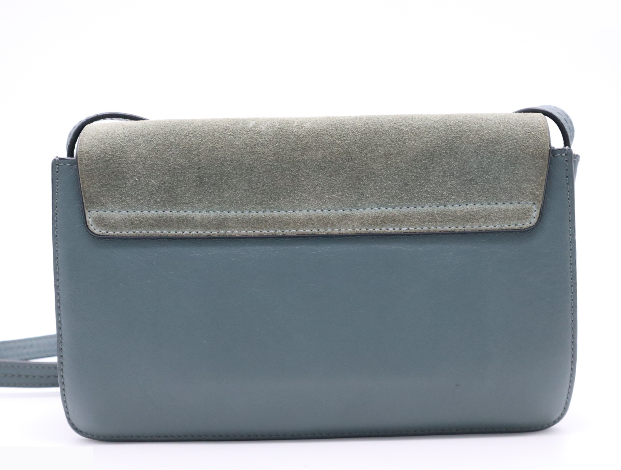 Suede and leather Faye shoulder bag, blue-green and gray, with dust bag. — view 2