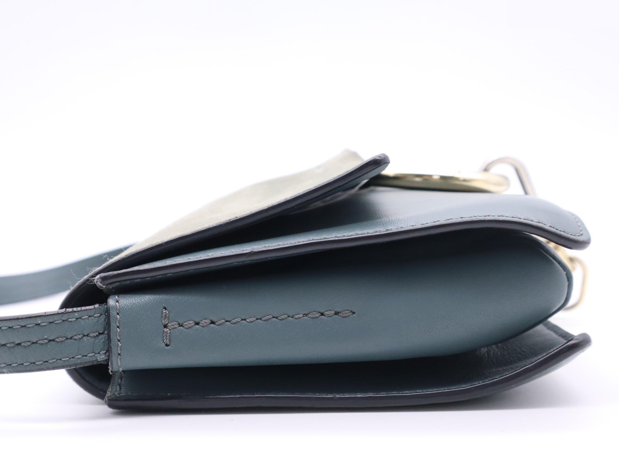Suede and leather Faye shoulder bag, blue-green and gray, with dust bag. — view 3