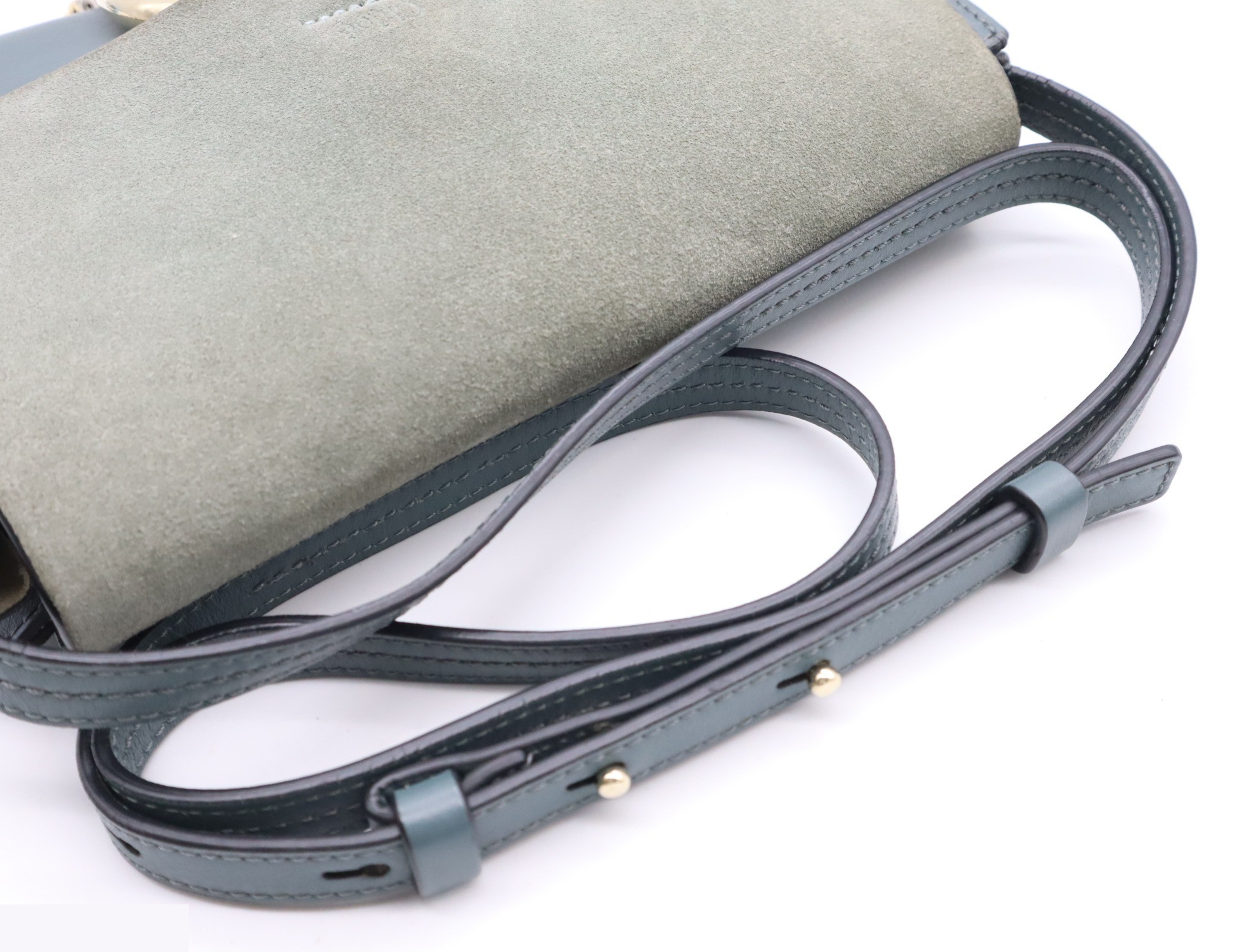 Suede and leather Faye shoulder bag, blue-green and gray, with dust bag. — view 6