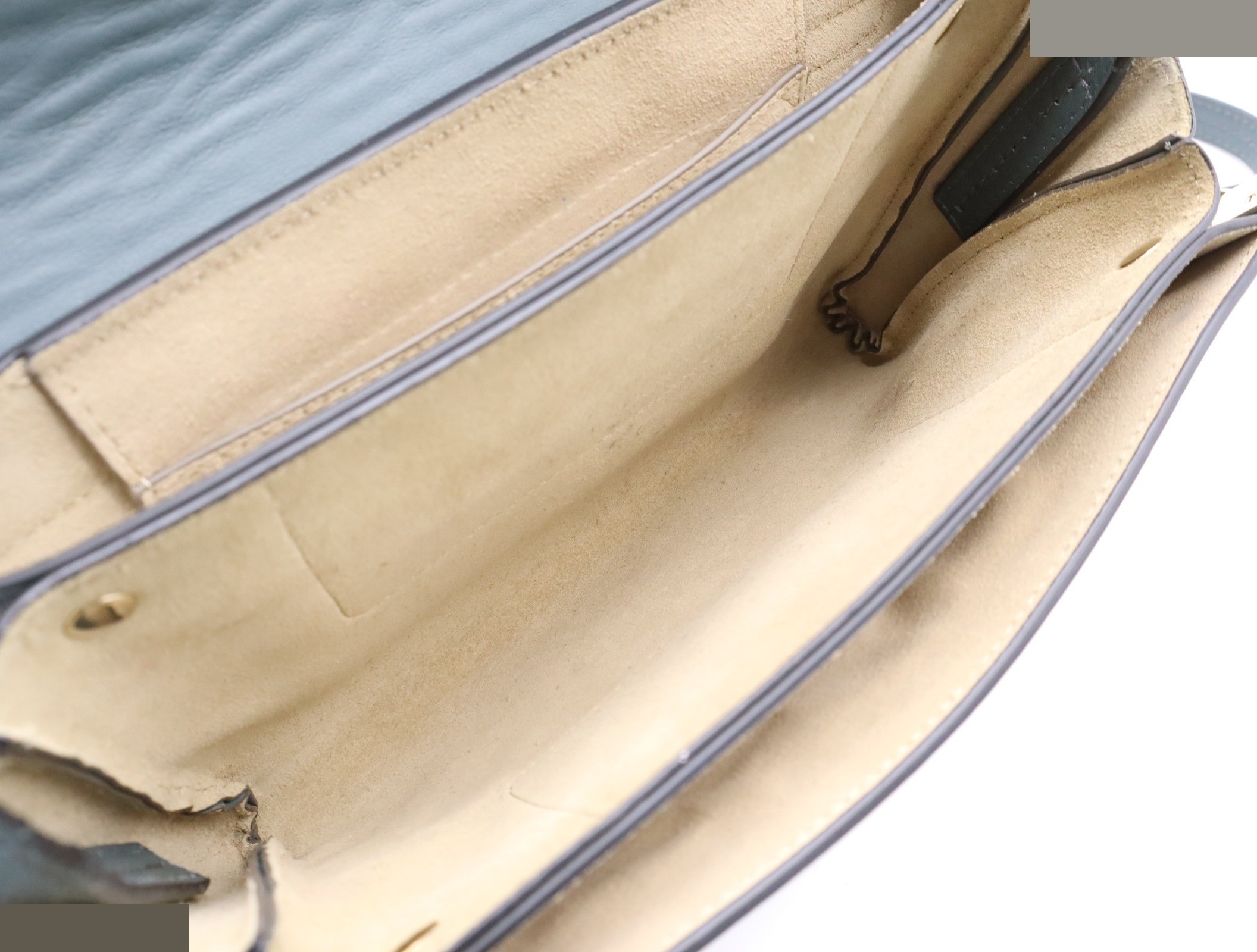 Suede and leather Faye shoulder bag, blue-green and gray, with dust bag. — view 7