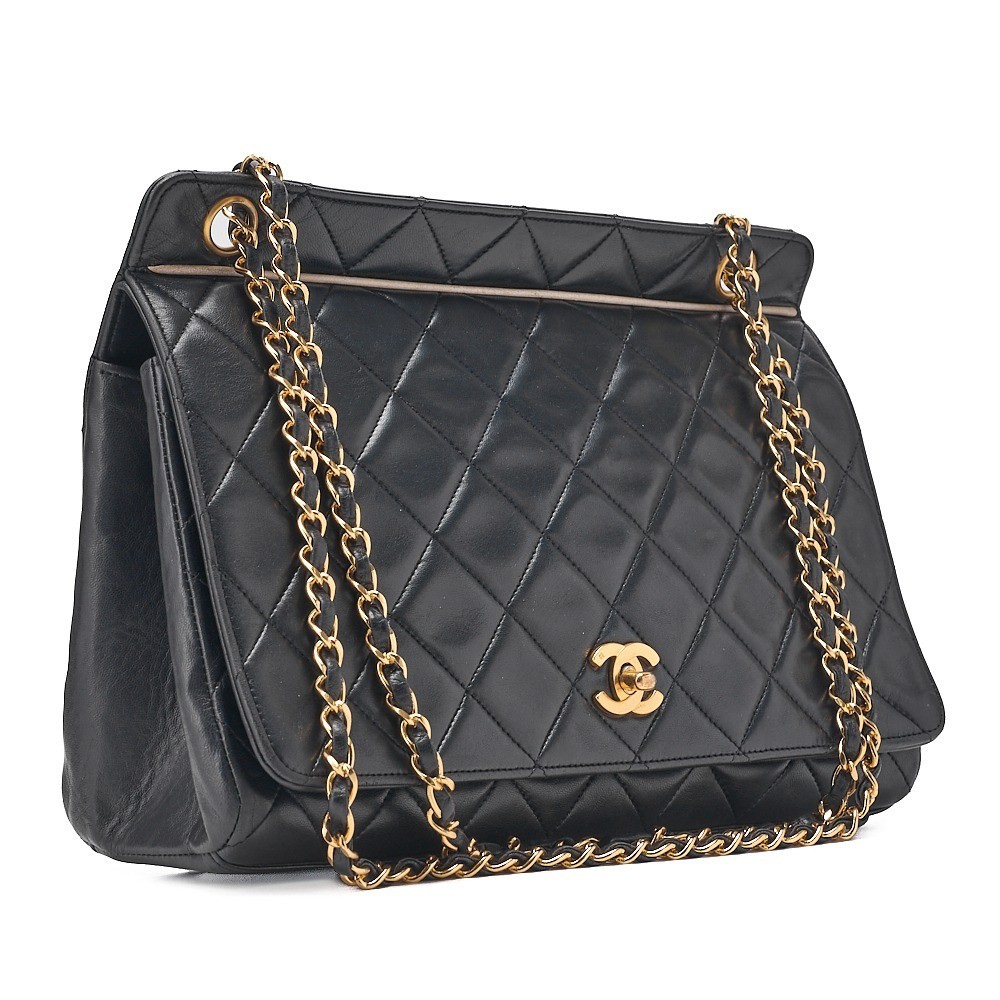 Lambskin Matelassé Single Chain Shoulder Bag, Navy x White — view 4