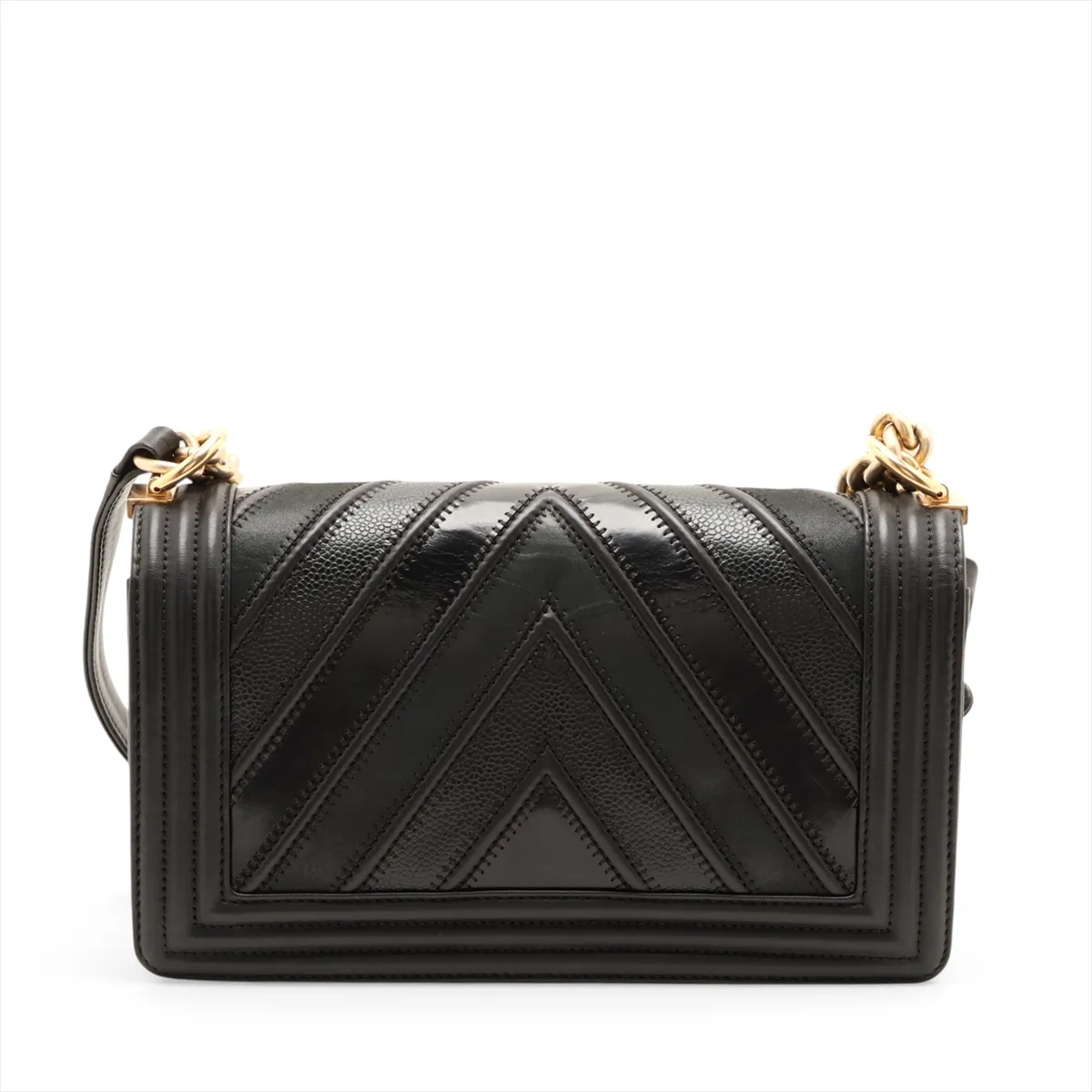 Boy Chanel 25 Leather Chain Shoulder Bag, V-stitch Chevron, Black with Gold Hardware, 22470125, Serial Number 22, A67086 — view 2
