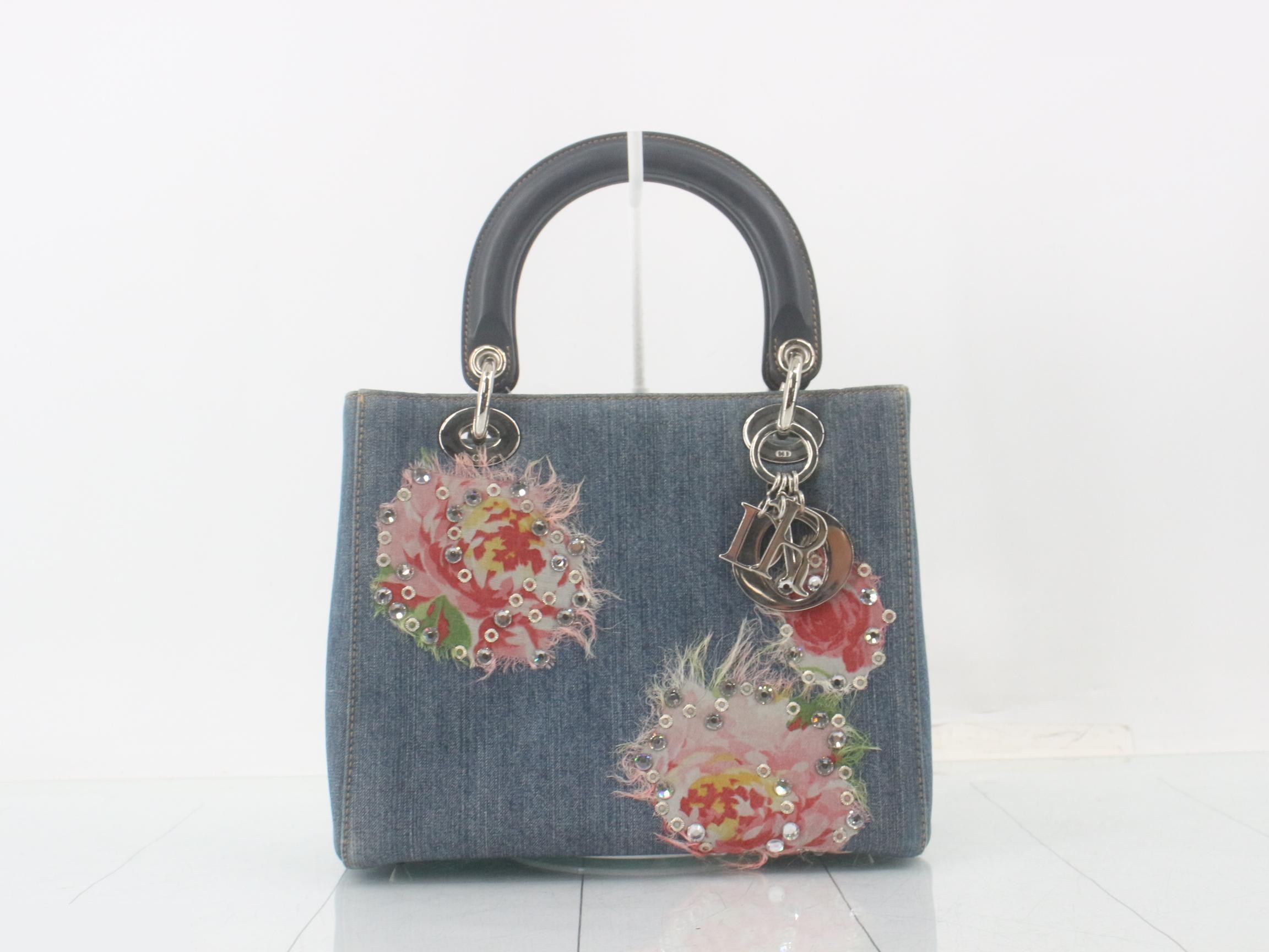 Denim handbag, 2-way, floral pattern, sequins, rhinestones