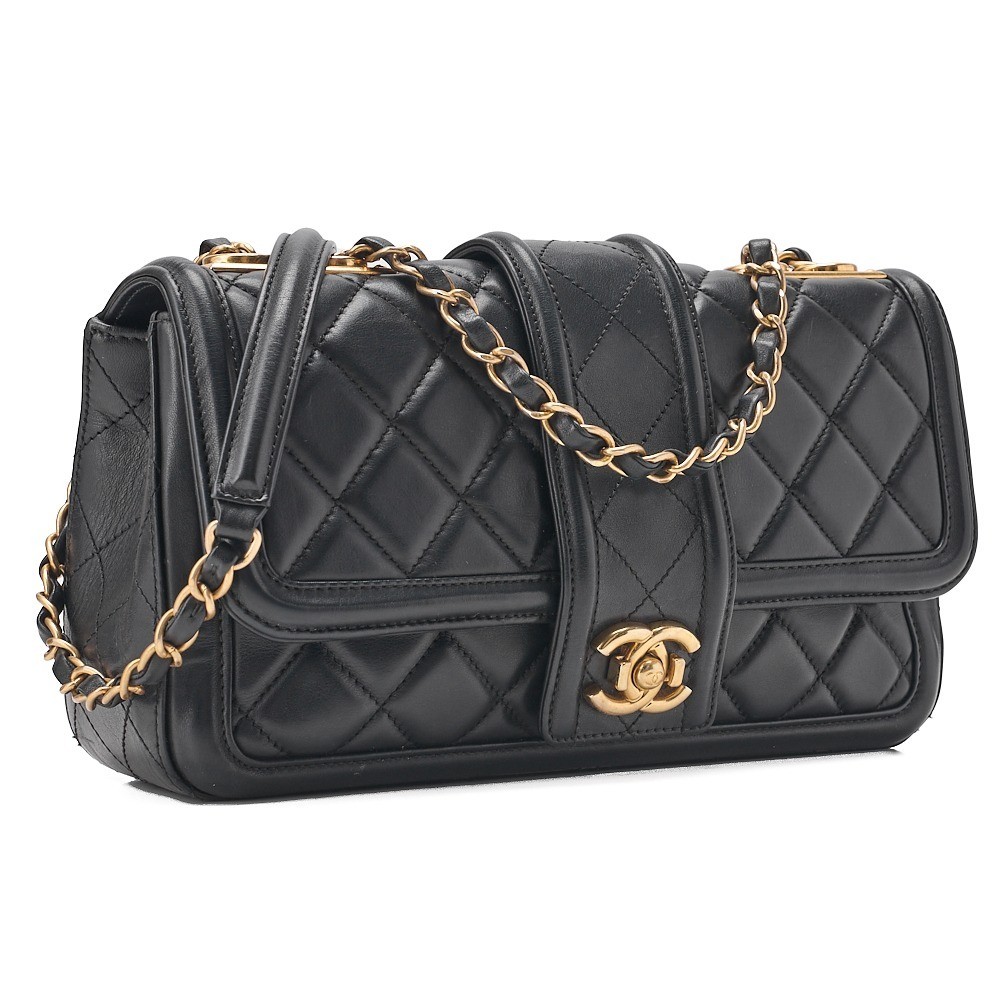 Lambskin Matelassé Single Flap Chain Shoulder Bag, Black — view 3