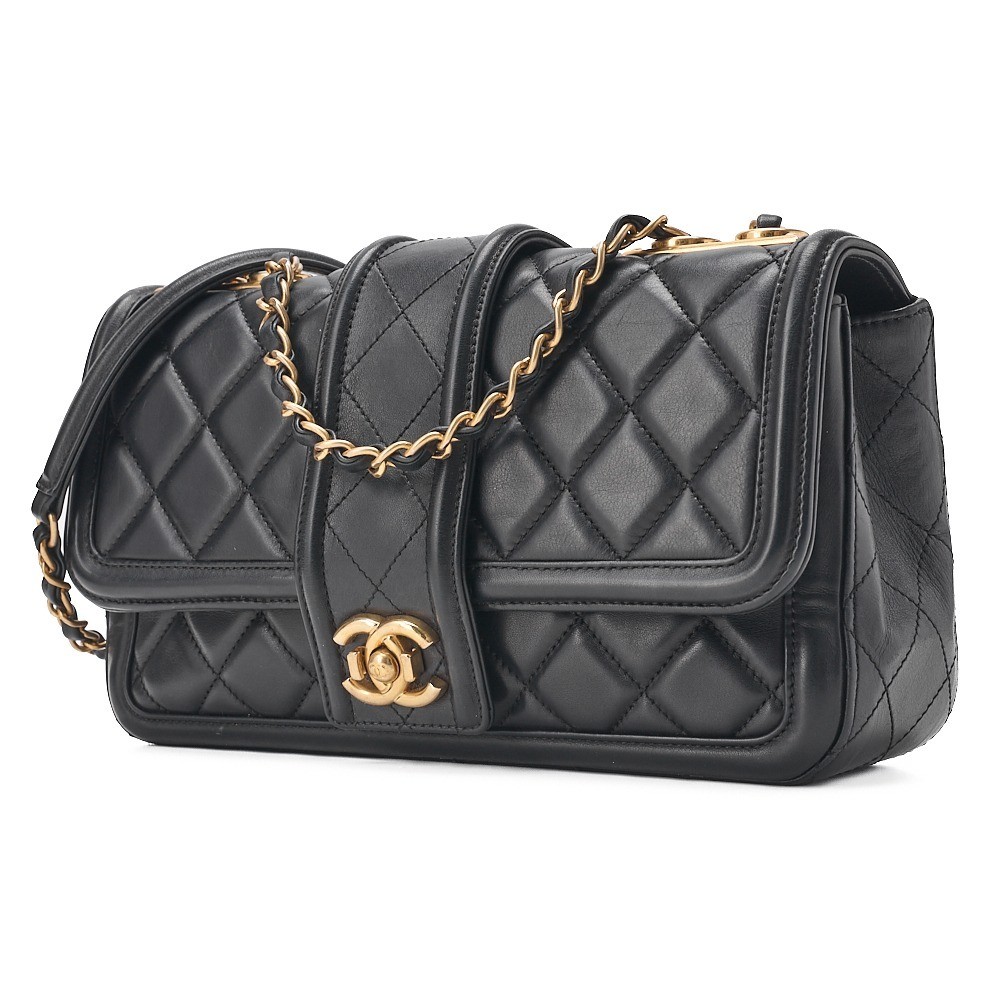 Lambskin Matelassé Single Flap Chain Shoulder Bag, Black — view 4