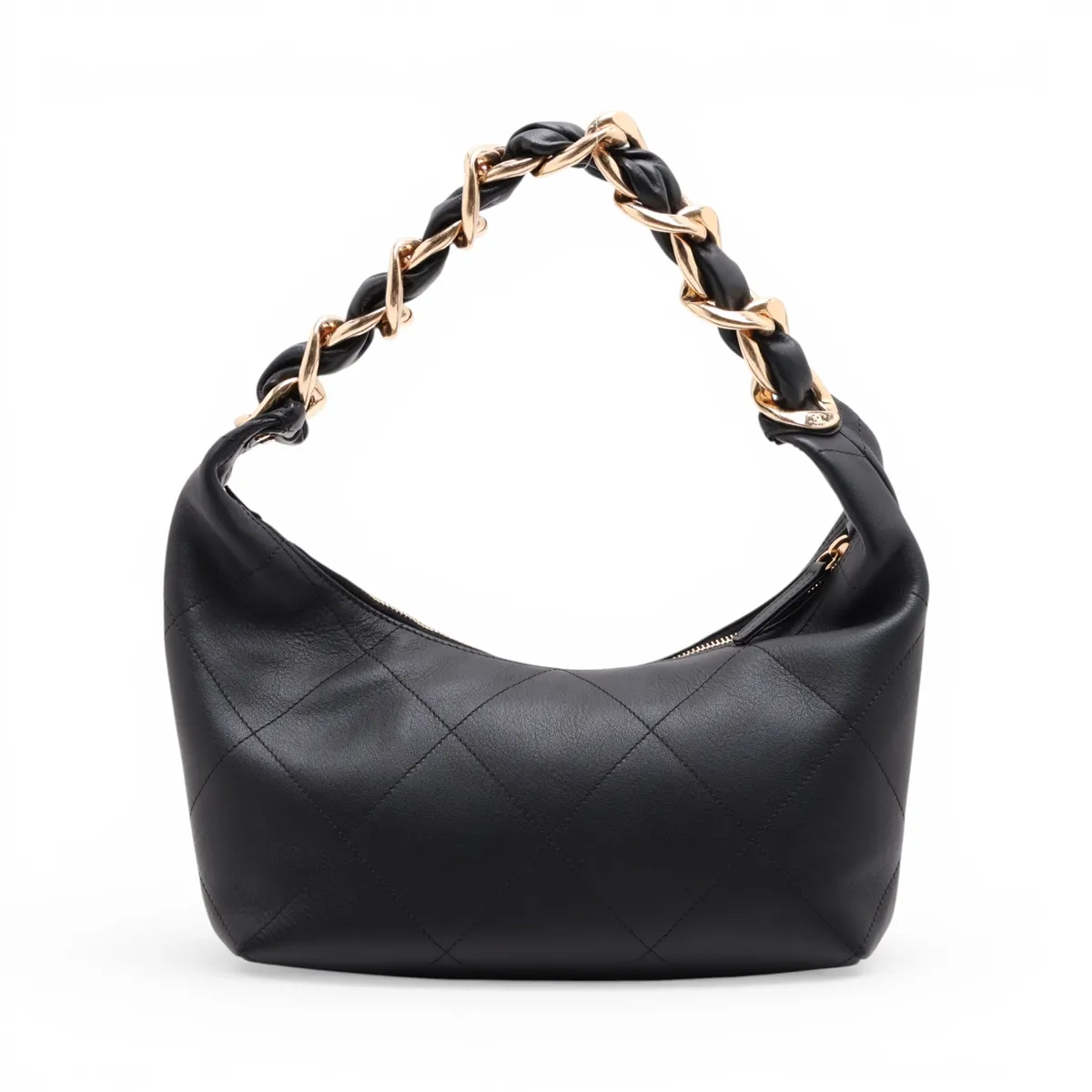 Matelassé Lambskin Chain Shoulder Bag Hobo, Black with Gold Hardware, ENTJ84PJ, Random Plate — view 2