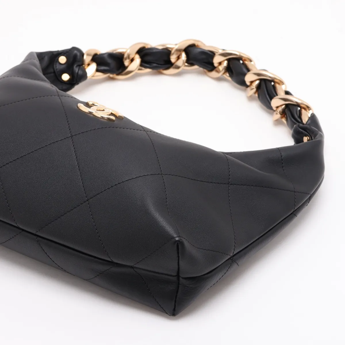Matelassé Lambskin Chain Shoulder Bag Hobo, Black with Gold Hardware, ENTJ84PJ, Random Plate — view 3