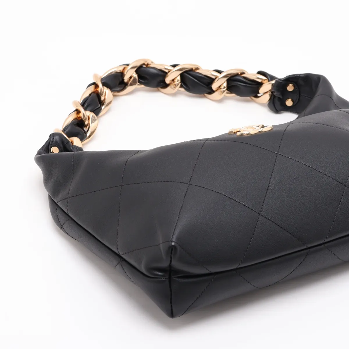 Matelassé Lambskin Chain Shoulder Bag Hobo, Black with Gold Hardware, ENTJ84PJ, Random Plate — view 4